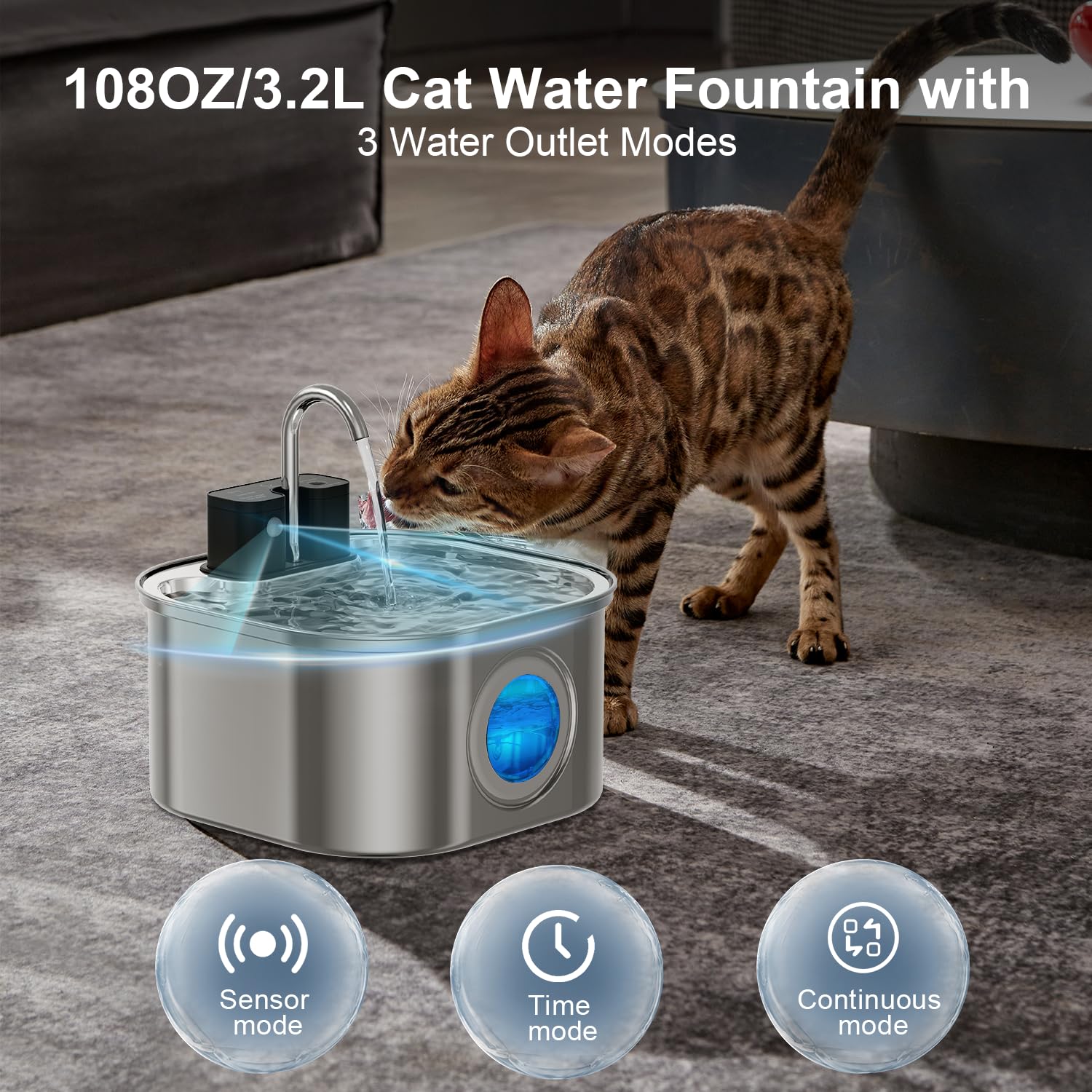 Nautypaws Wireless Cat Water Fountain,[Rechargeable & Faucet ] Stainless Steel Battery Operated Cat Water Fountain, 108Oz/ 3.2L