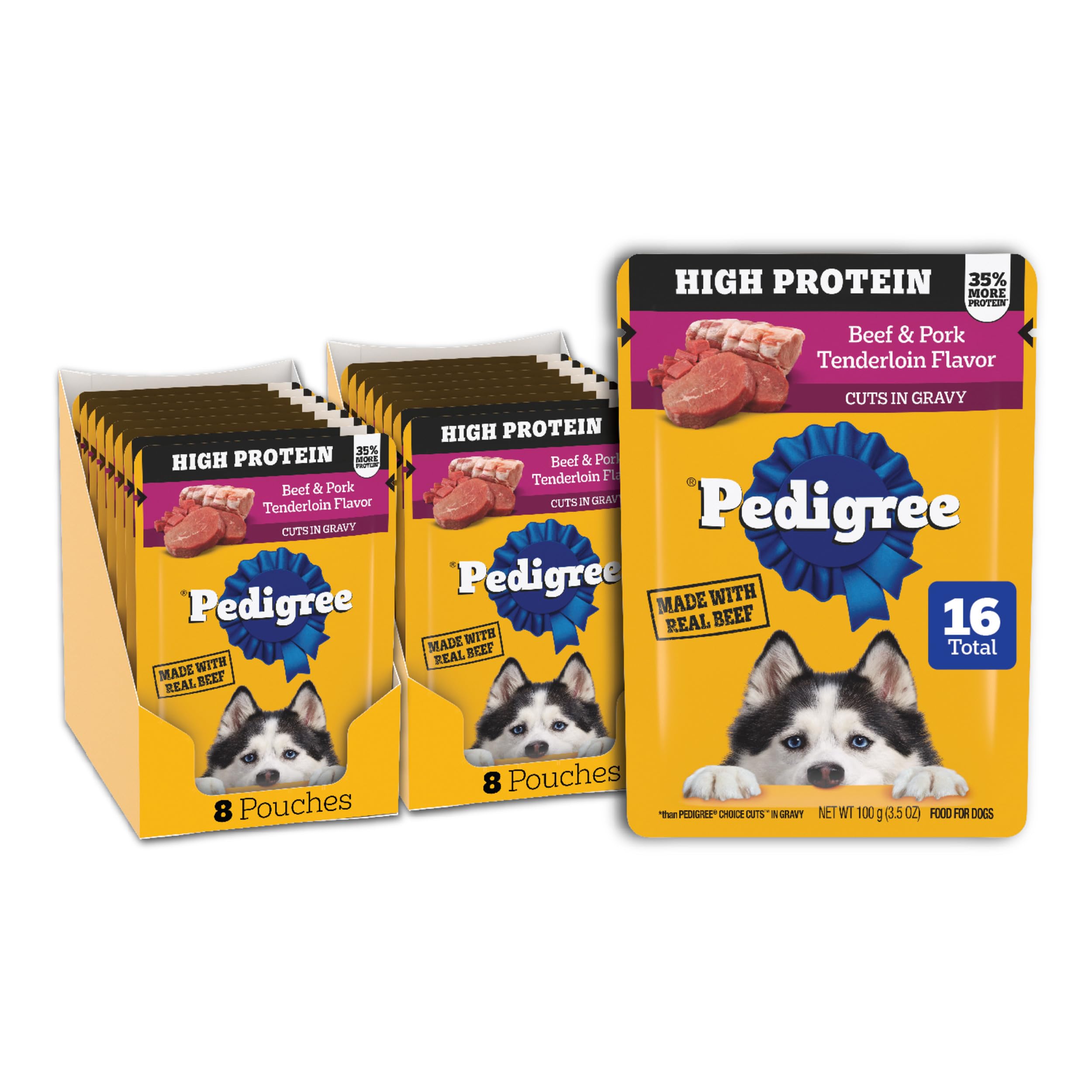 Pedigree High Protein Wet Dog Food Pouches, Beef and Pork Tenderloin Flavor Cuts in Gravy, 3.5 oz. Pouches, 16 Count