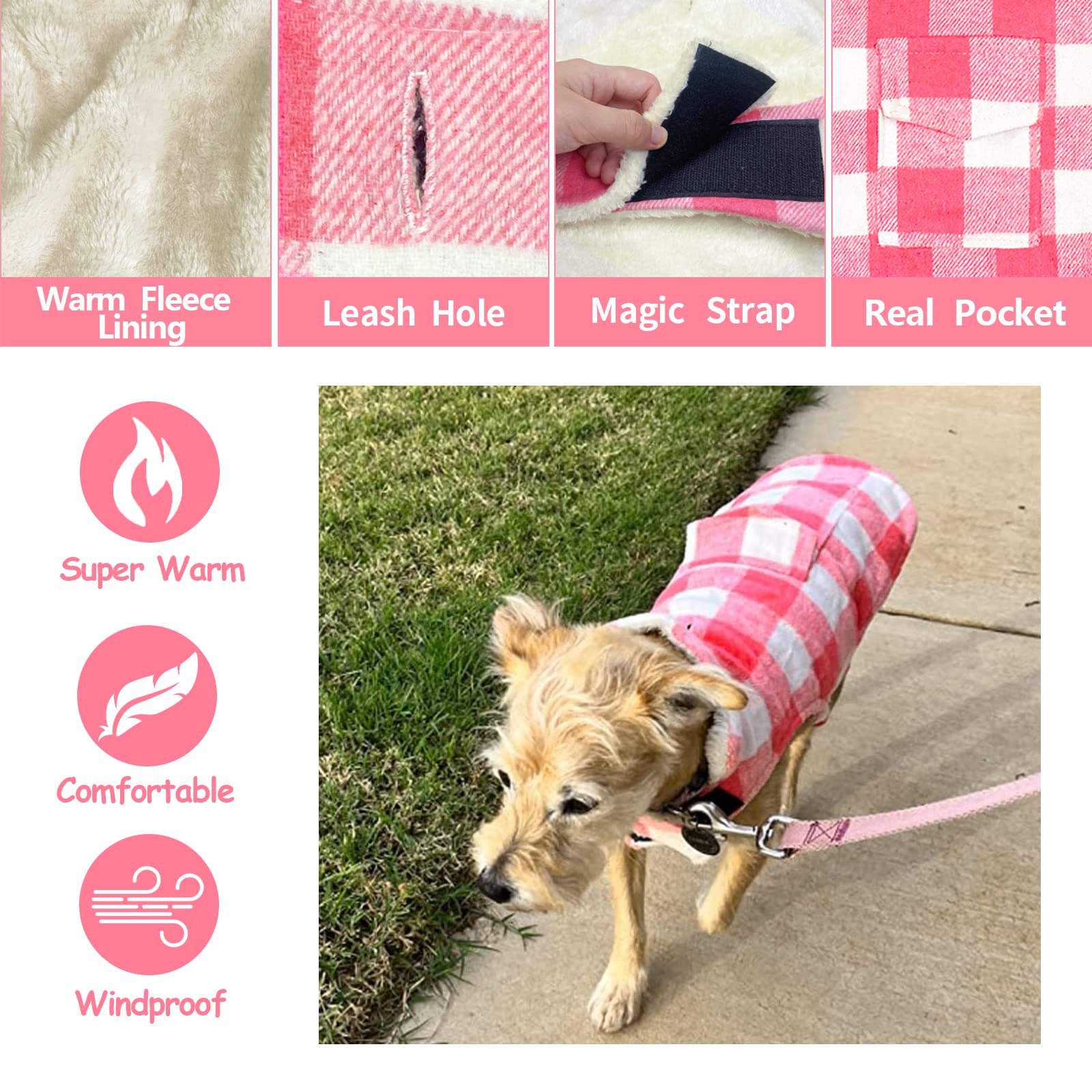 Malier Dog Winter Coat, Classic Plaid Fleece Dog Cold Weather Coats Dog Jacket With Pocket, Windprood Warm Dog Coat Vest Winter