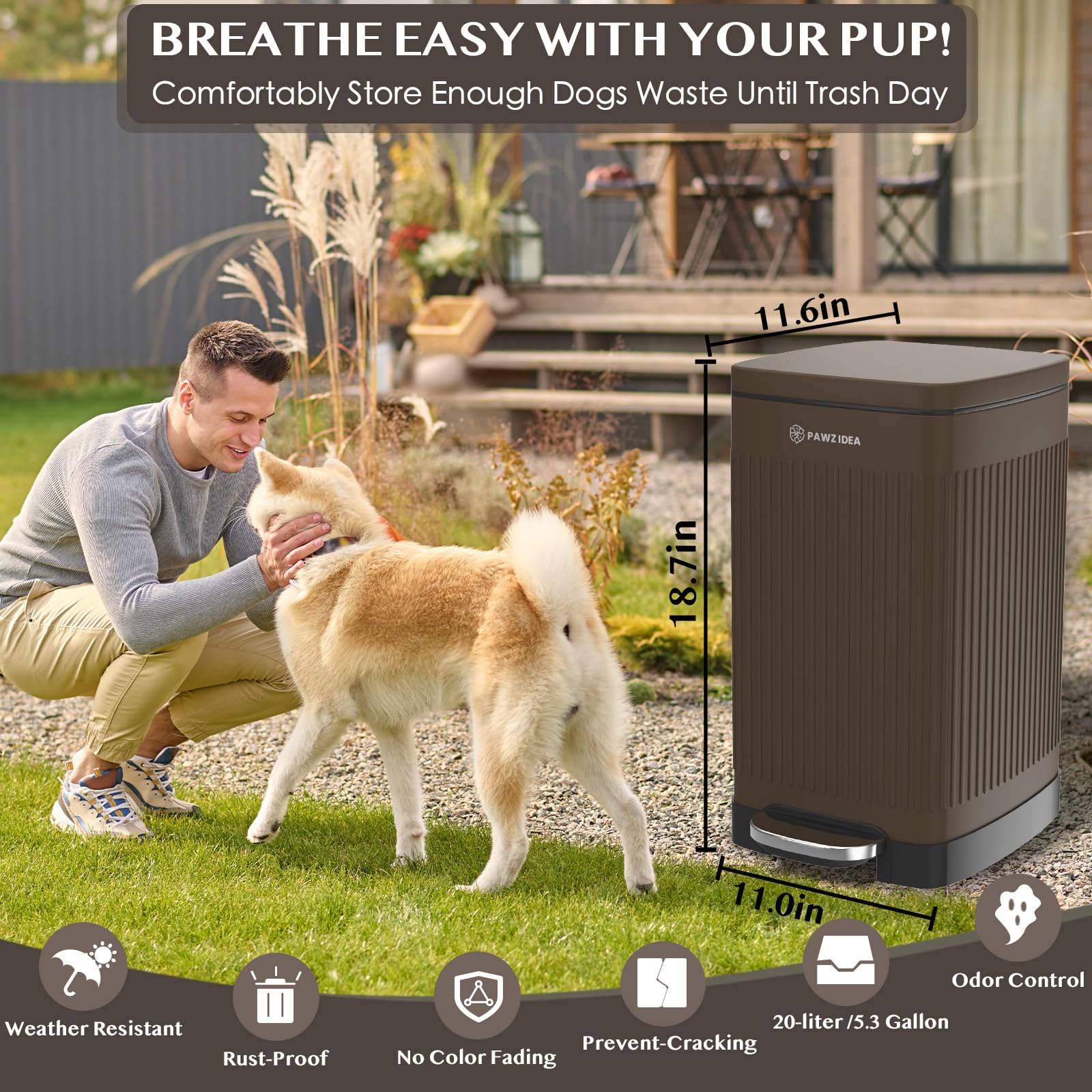 Pawzidea Dog Poop Trash Can Outside Odor Control, 5.3 Gallon Large Dog Waste Trash Can With Lid, Waterproof Poop Disposal Bin Ou