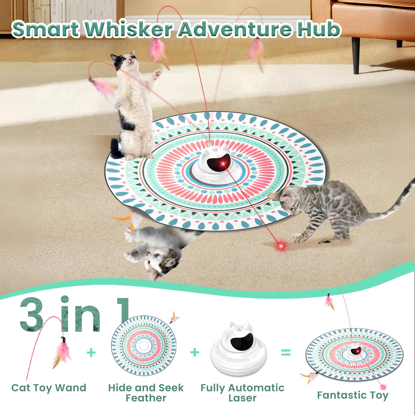 Petinstinct 3 In 1 Automatic Interactive Cat Toy, Cat Laser Pointer Toy With Random Trajectory, Hide And Seek Moving Feather, Re