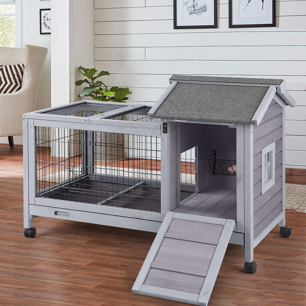 Aivituvin Rabbit Hutch Indoor Bunny Cage Outdoor Rabbit House Bunny Hutch With Deeper Leakproof Plastic Tray (Grey-24)