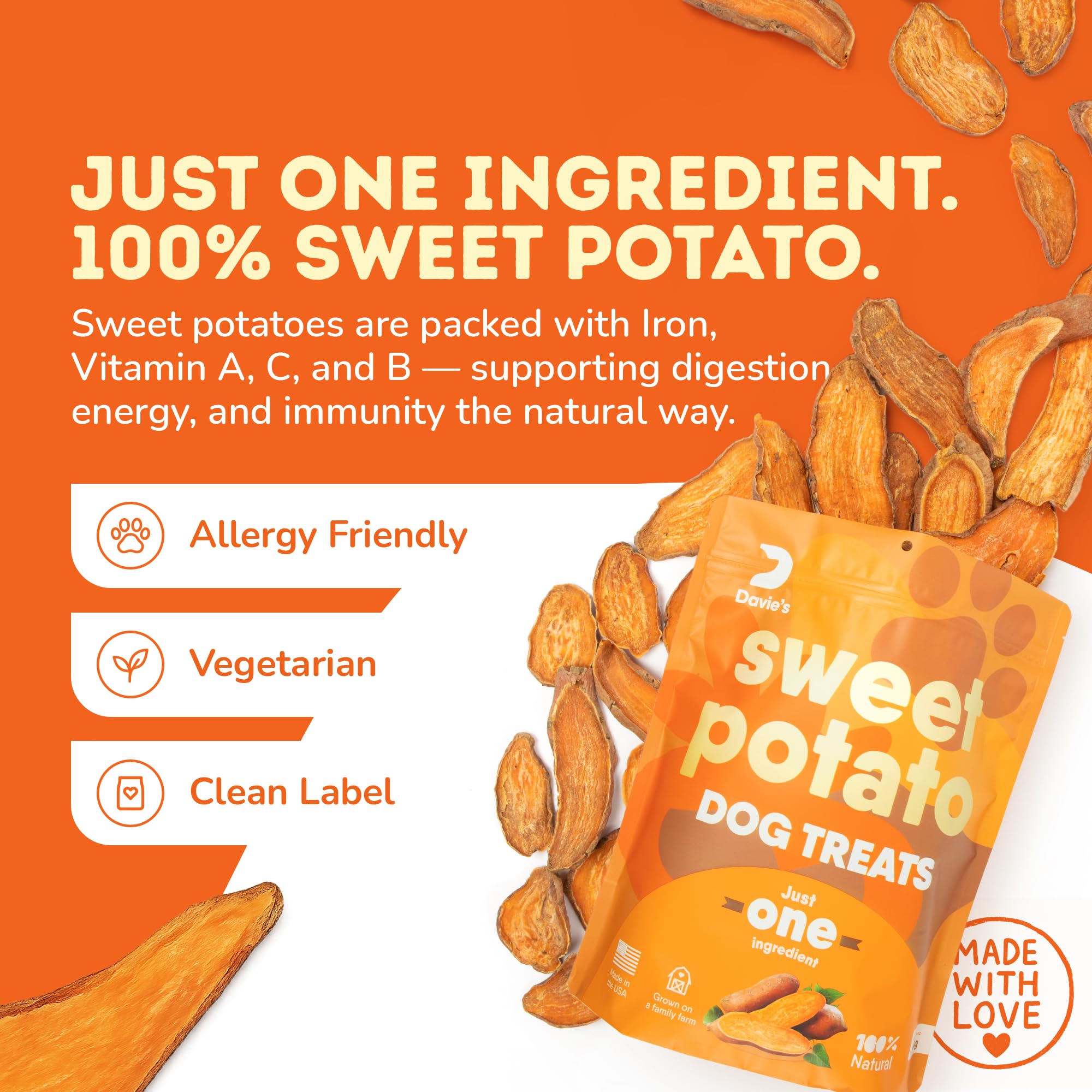 Davies Sweet Potato Dog Treats - Healthy Dog Chews, Low Fat, Made in USA, 1 lb Bag - Pack of 5