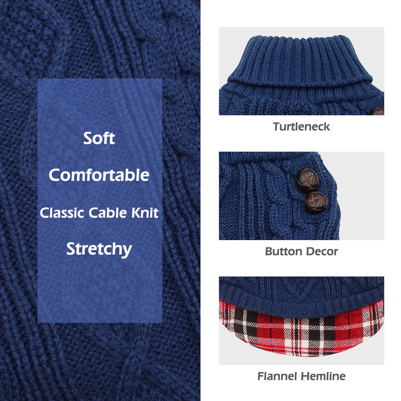 Kyeese Dog Sweaters For Small Dogs Navy Blue With Leash Hole Turtleneck Dog Pullover Sweater With Gingham Patchwork Knit Warm Puppy Sweater