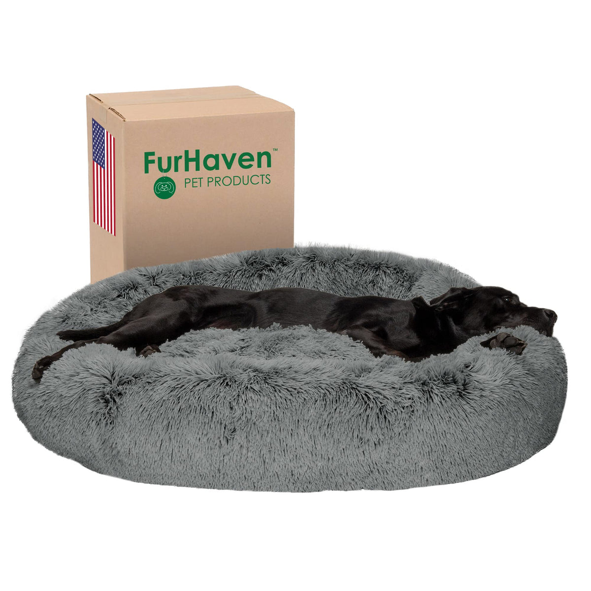 Furhaven 45' Round Calming Donut Dog Bed For Large Dogs, Refillable W/ Removable Washable Cover, For Dogs Up To 90 Lbs - Shaggy Plush Long Faux Fur Donut Bed - Gray, Jumbo/Xl