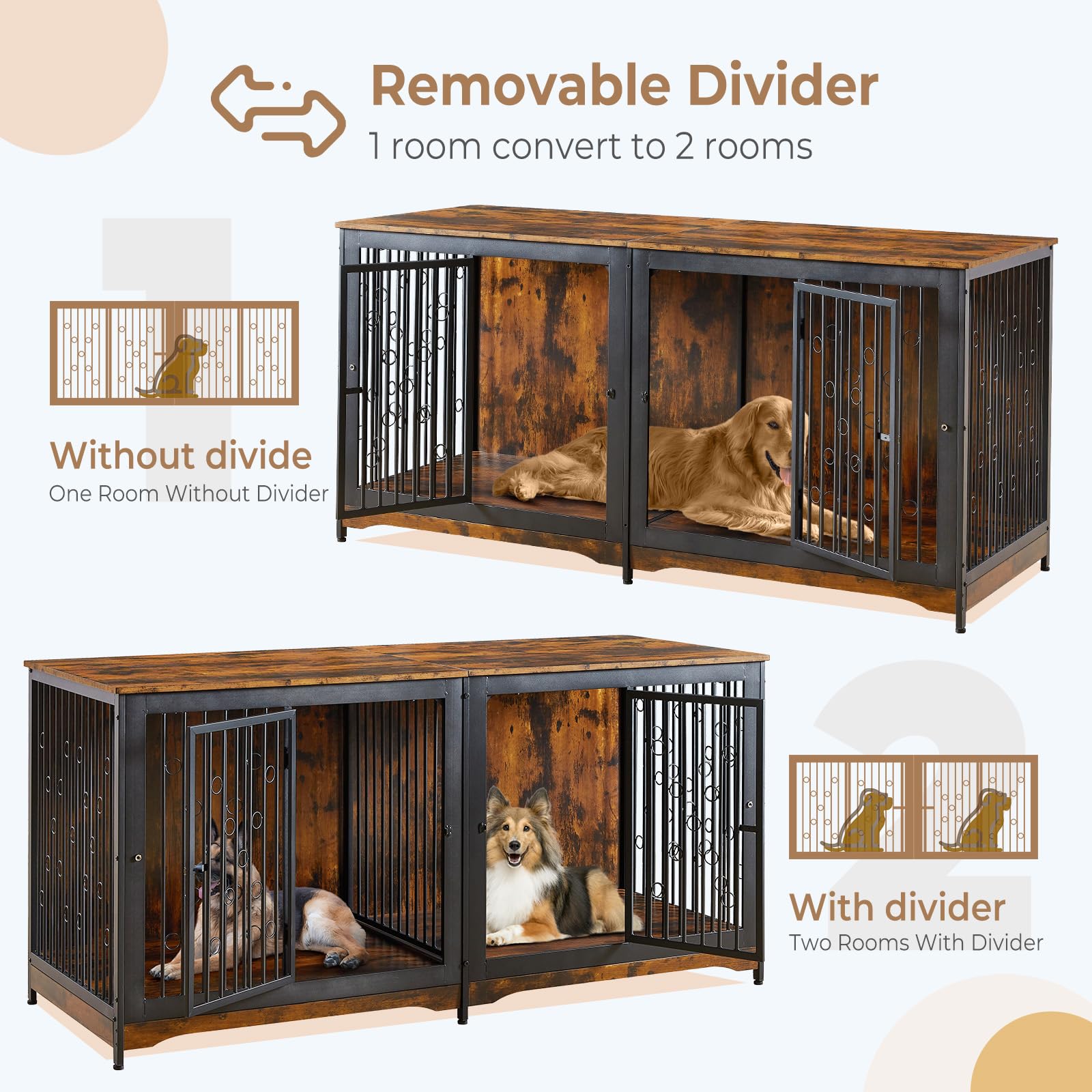 Lyromix 71 Dog Crate Furniture for 2 Large Medium Dogs, XXL Wooden Indoor Double Crate Kennel Cage Large Breed with Door, TV S