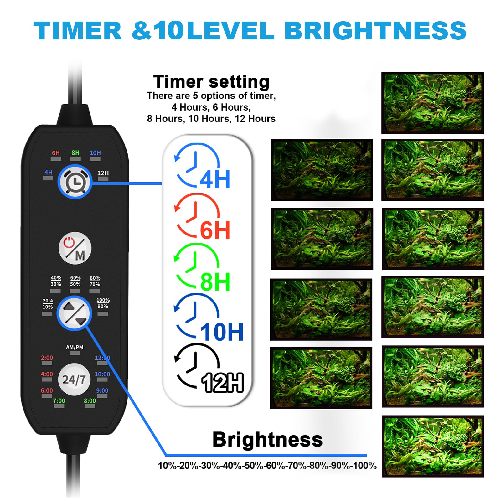 SEAOURA 24/7 LED Aquarium Light - Full Spectrum, Timer, 18W, Adjustable Brightness for 18-24 Inch Tanks, Aluminum Alloy, Multi-Color