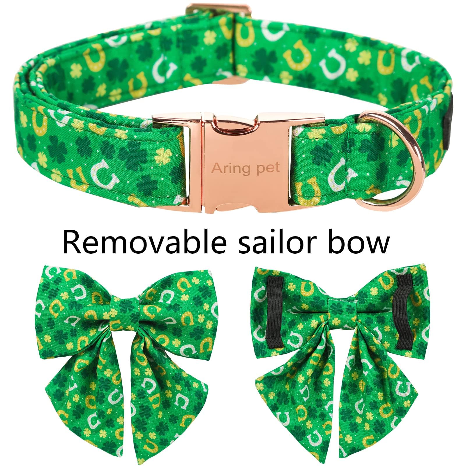 ARING PET St. Patrick's Day Dog Collar-Green Clovers Dog Collar with Sailor Bowtie, Adjustable Cotton Trefoil Dog Collars with M