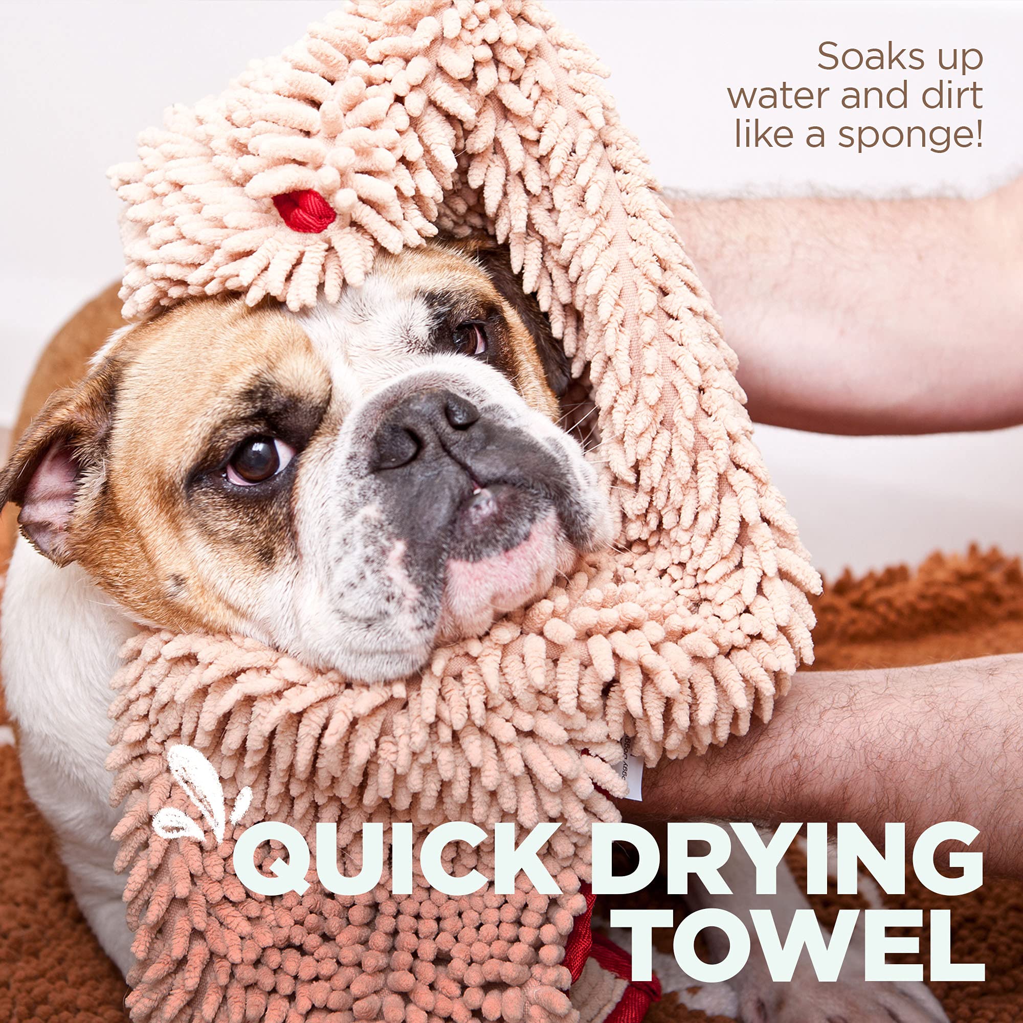 Soggy Doggy Super Shammy Dog Towel, Washable Microfiber Dog Towels For Drying Dogs And Cleaning Paws, Fast-Drying Dog Bath Towel With Hand Pockets, Beige/Red Trim, 31 X 14 Inches
