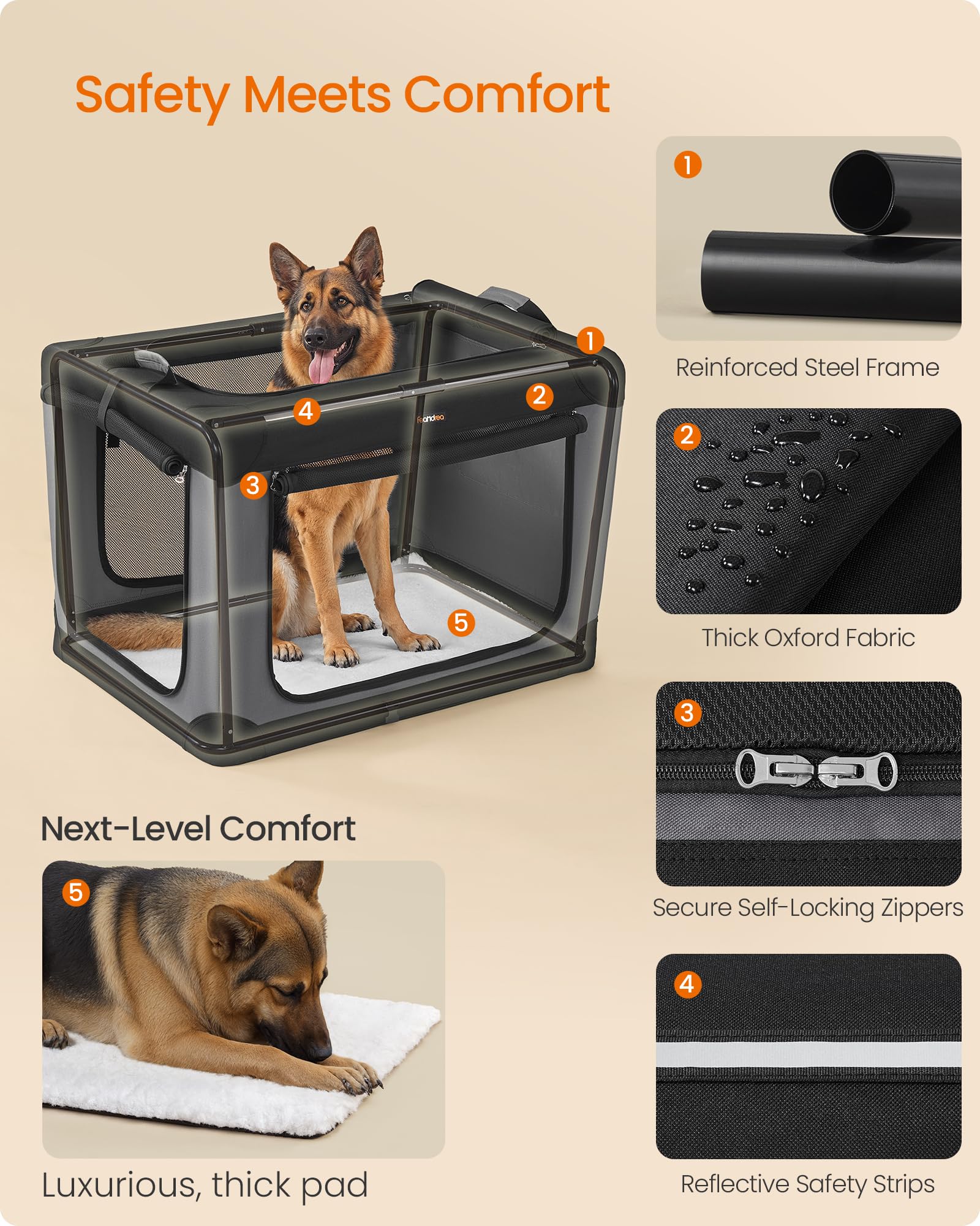 Feandrea Collapsible Dog Crate, 42-Inch Portable Dog Travel Crate for Extra Large Dogs, Oxford Fabric Pet Carrier with 4 Mesh Do