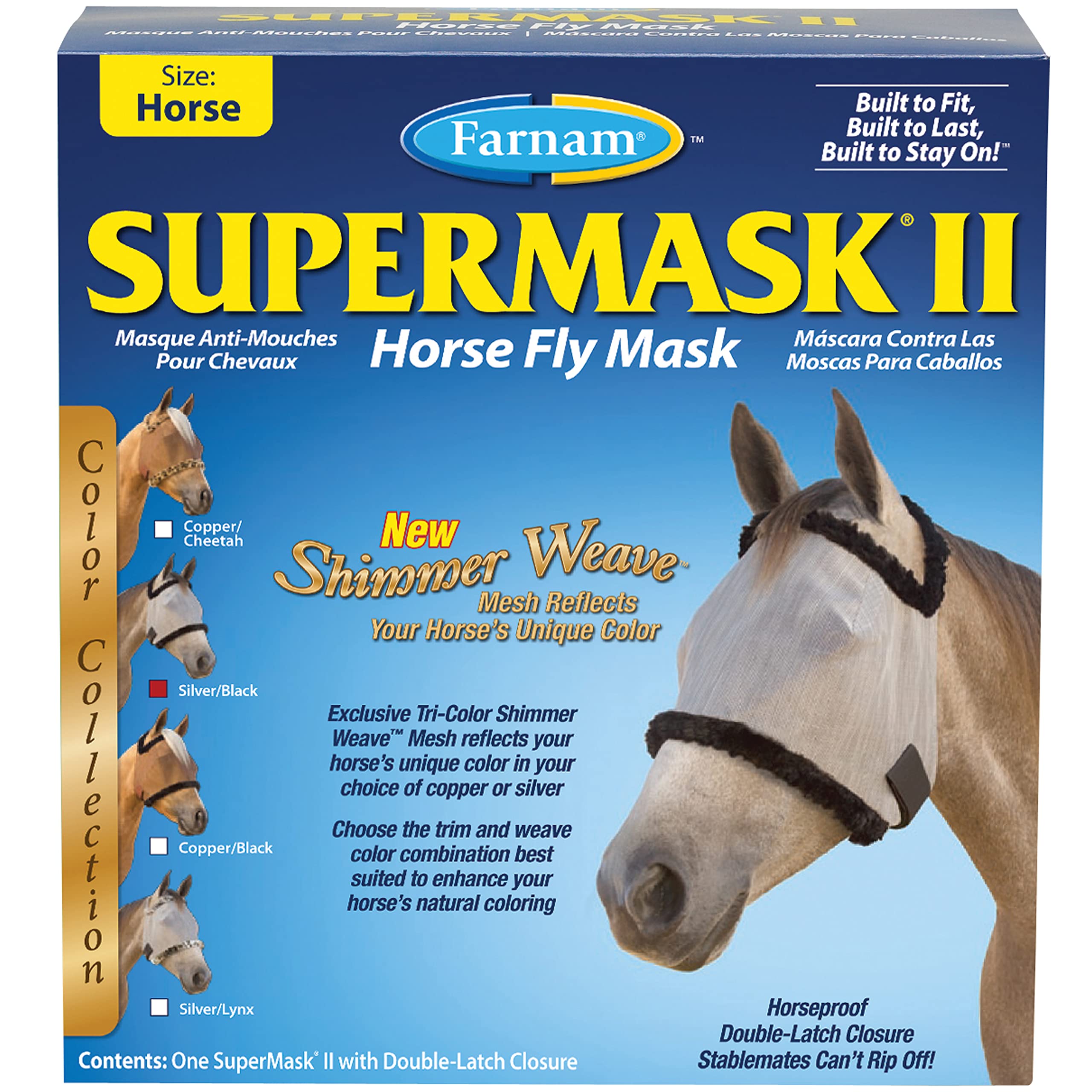 Farnam SuperMask II Shimmer Weave Mesh Horse Fly Mask Without Ears, Eye Protection from Insect Pests, Soft Silver Mesh with Blac
