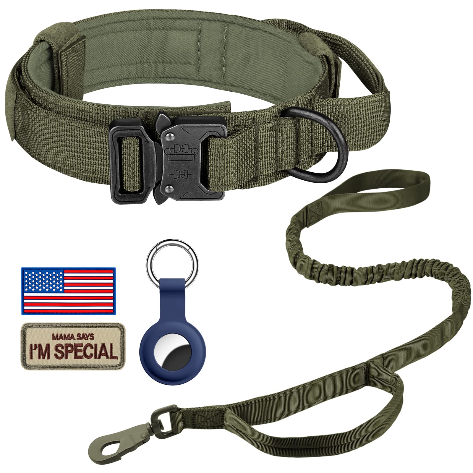 Daganxi Tactical Dog Collar, Adjustable Military Training Nylon Dog Collar With Control Handle And Heavy Metal Buckle For Medium And Large Dogs, With Patches And Airtags Case (L, Green-Set)