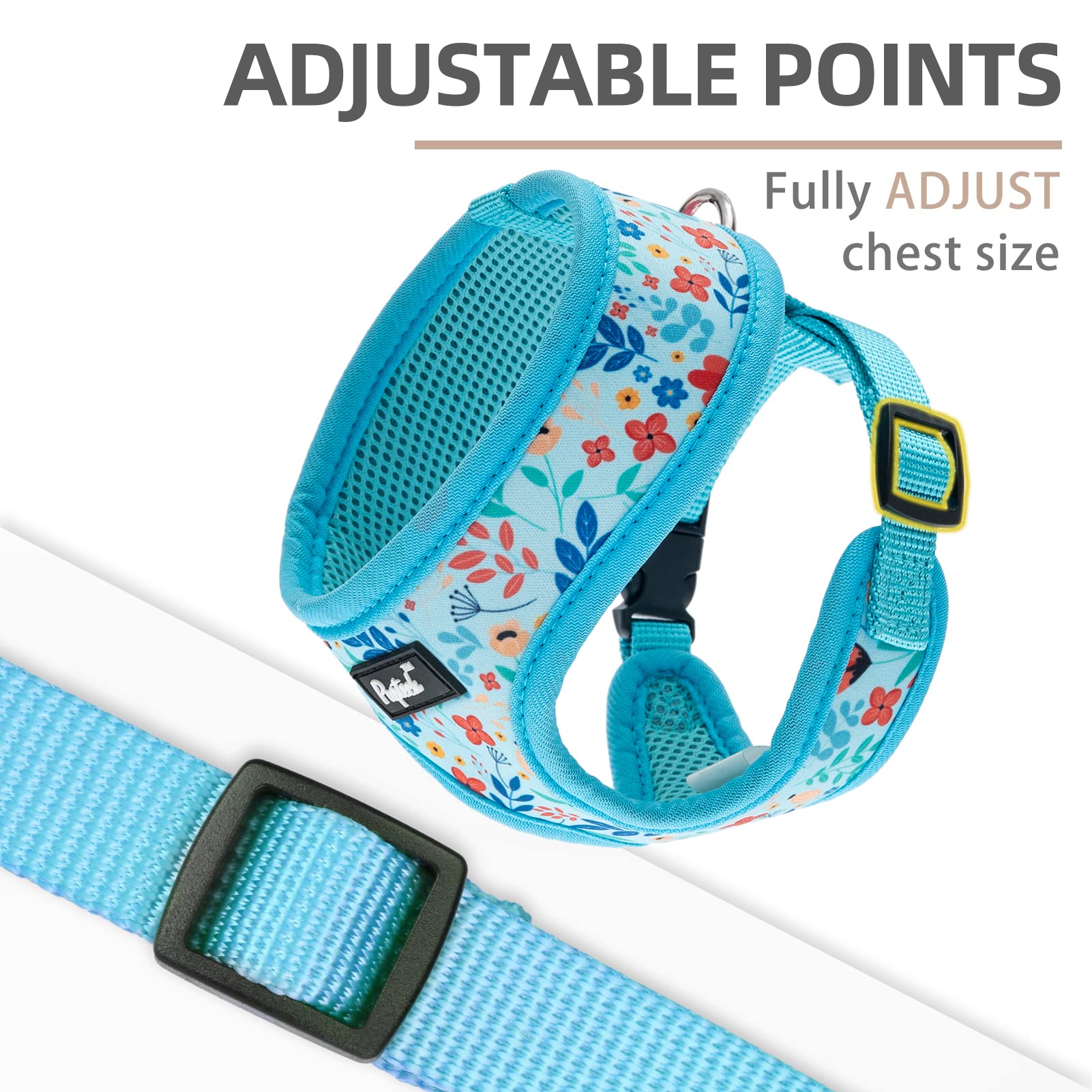 Pupteck Soft Mesh Dog Harness And Leash Set Pet Puppy Cat Comfort Padded Vest No Pull Harnesses, Blue Floral, S