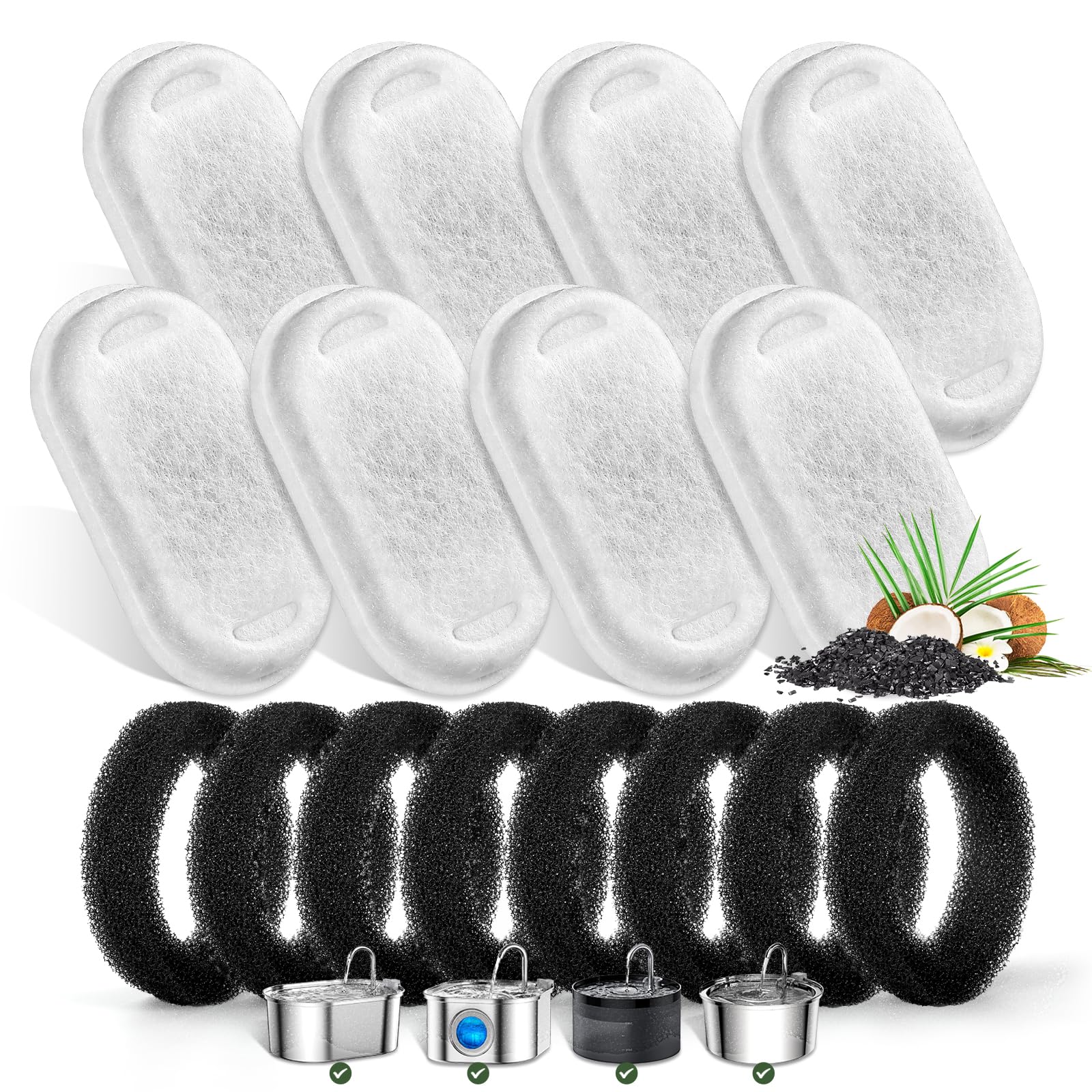 Cat Water Fountain Filters For Stainless Steel 67Oz/2L Adjustable Water Flow Pet Fountain, 8 Pack Pet Replacement Filters With 8