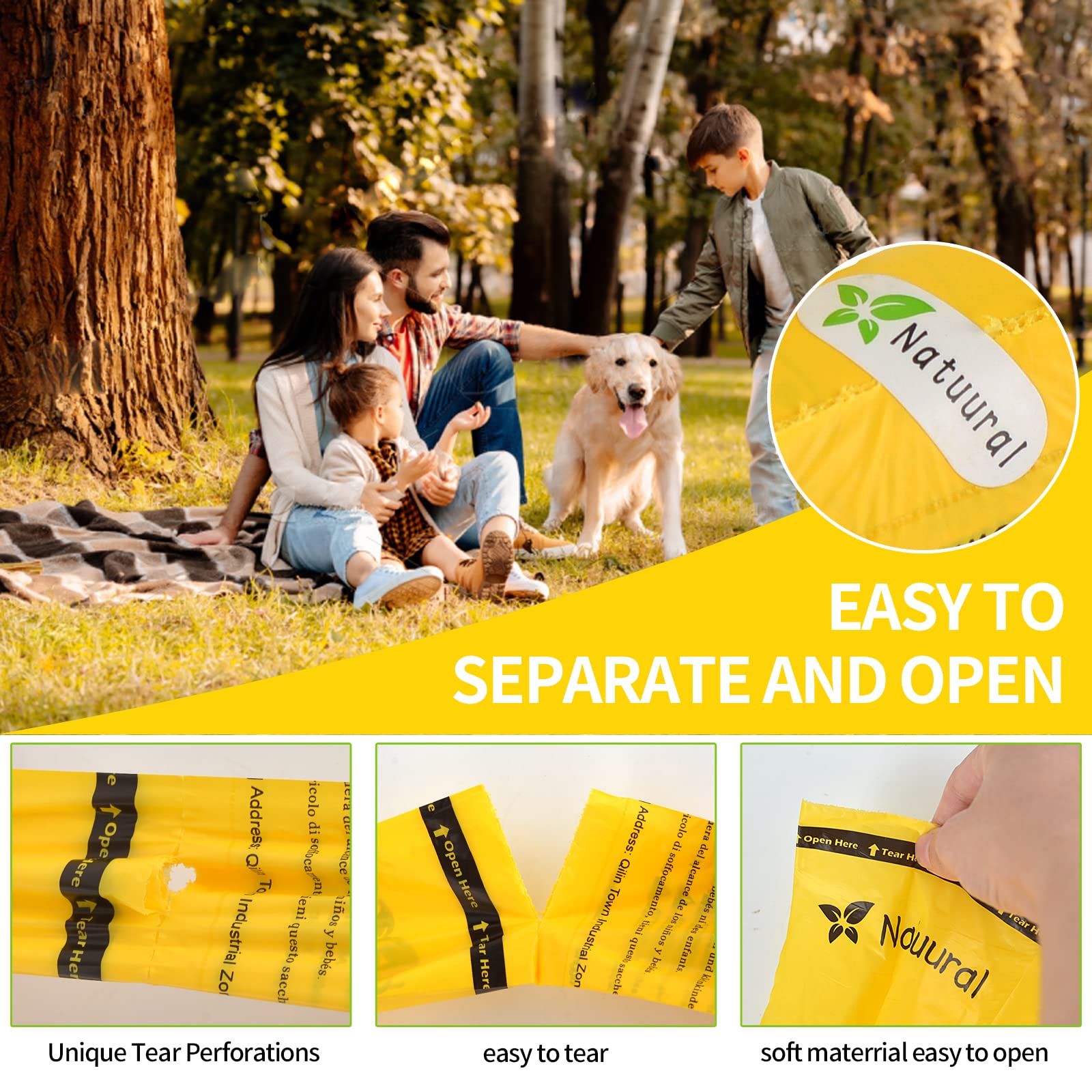 Natuural Biodegradable Dog Poop Bags, 270 Count, Unscented, Cornstarch, Yellow, Certified ASTM D6400, for Large & Small Dogs