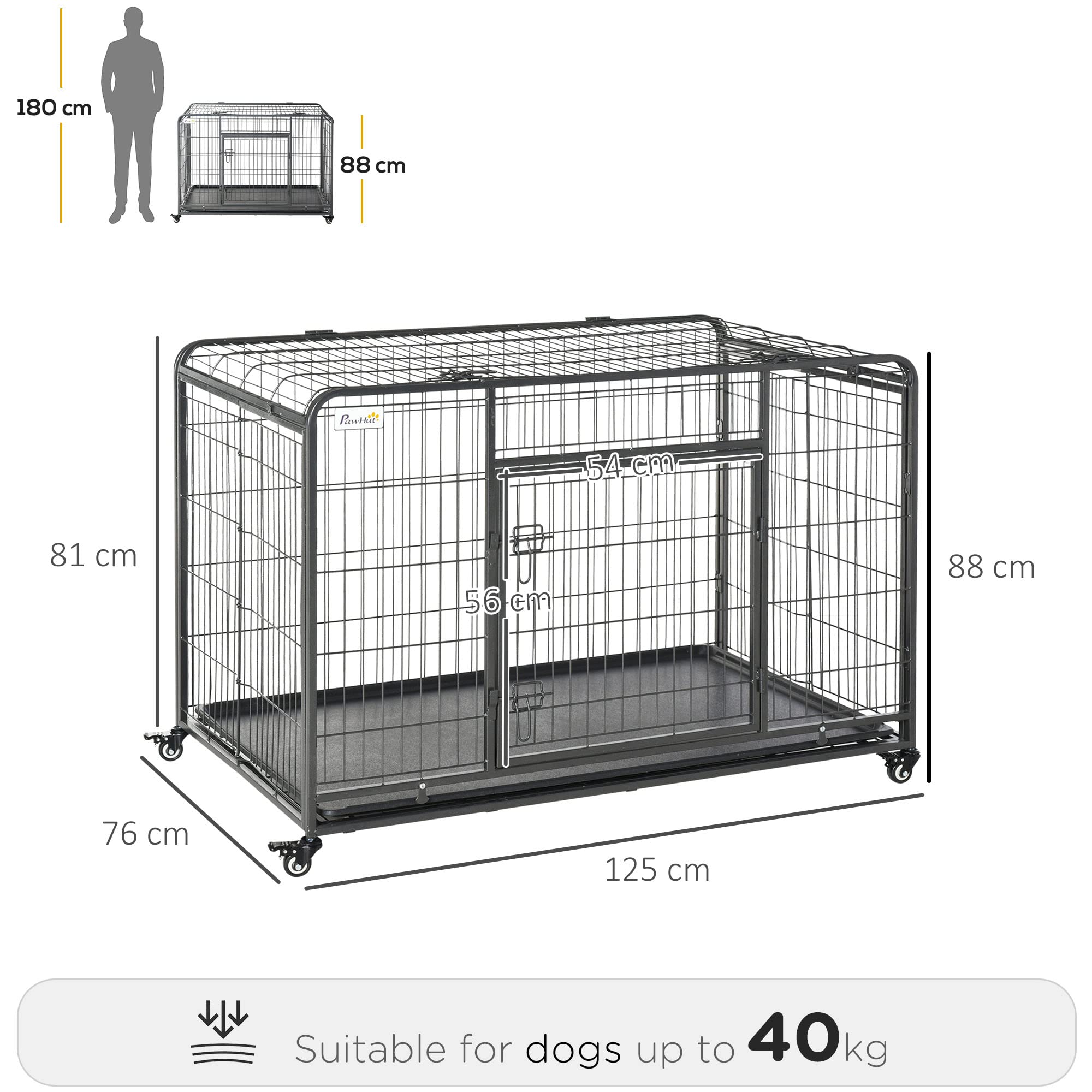 Pawhut Metal Dog Cage Kennel Locking Door & Wheels Removable Tray Openable Top For Extra Large Pets 125 X 76 X 81 Cm