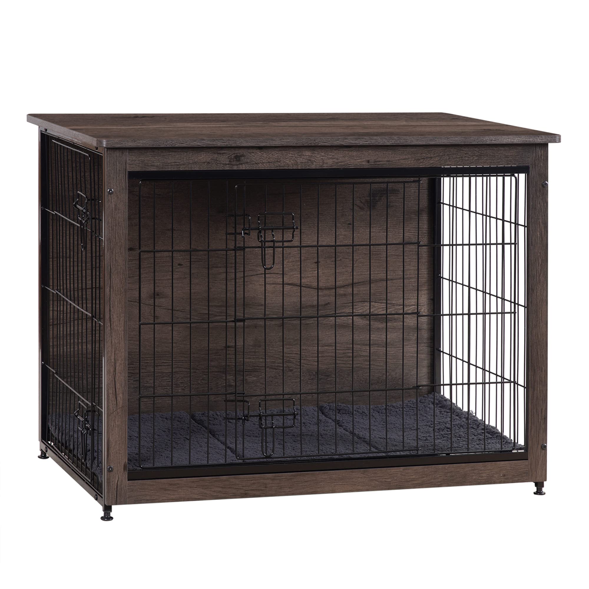 DWANTON Dog Crate Furniture with Cushion, Wooden Kennel Table with Double Doors, Indoor Dog House, Medium Size, 32.5 L, Dark Gra