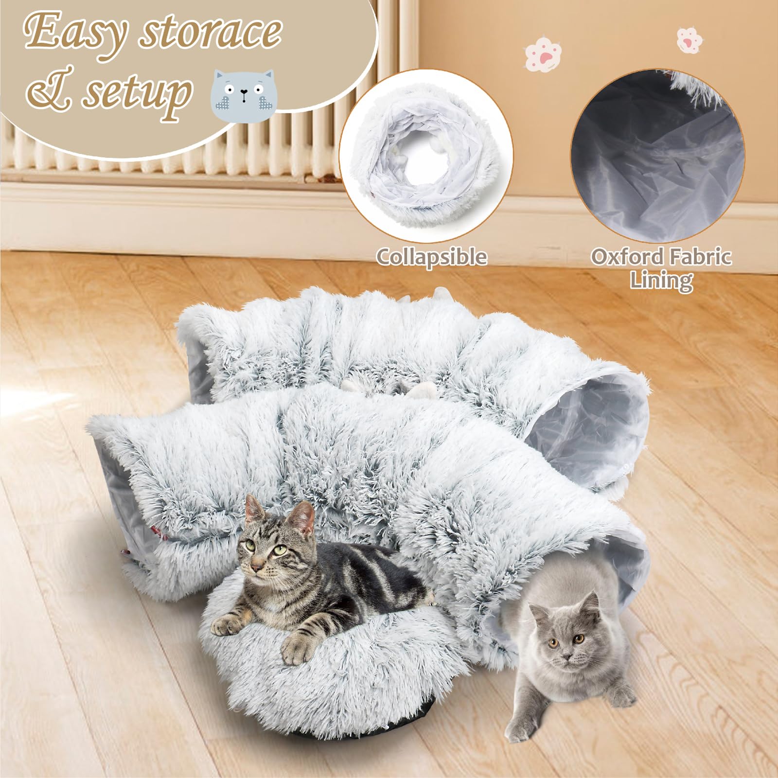 2-In-1 Cat Tunnel Bed For Indoor Cats, Warm Plush Cat Play Donut Tunnel With Washable Circle Cushion, Round Pet Peekaboo Cave To