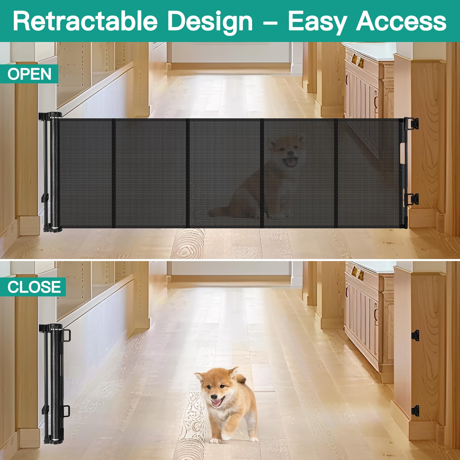 Borthmiu 20 Tall Retractable Short Dog Gate, Black, Extends 55 Wide, Indoor/Outdoor Mesh Puppy Gate for Doorways & Stairs