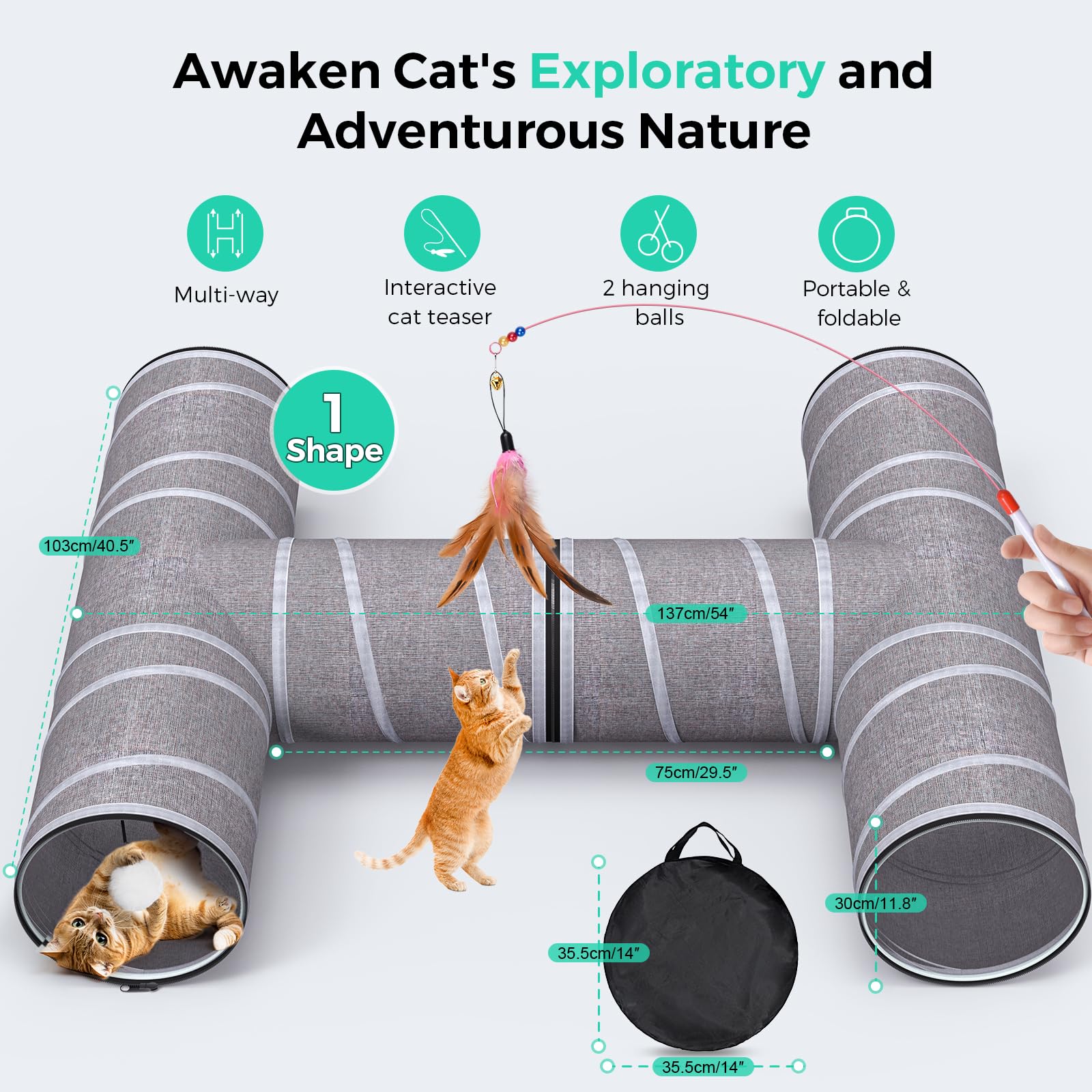 Petocat Cat Tunnel 4 Way With Teaser Wand & 2 Plush Ball, 5 Shapes Available, 54/80.7'' L, H-Shaped Collapsible Pet Play Tube Ma