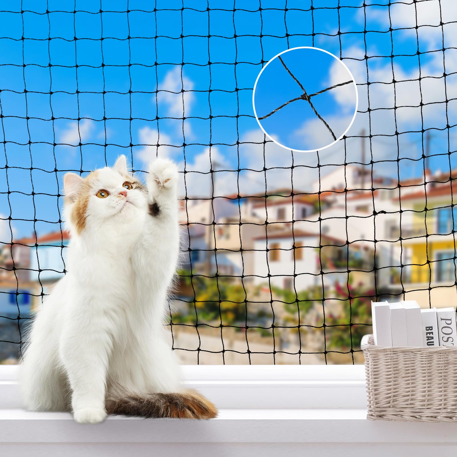 Lewondr Cat Netting Balcony, 10x26ft Steel Wire Reinforced Balcony Screen for Pets, Anti-Fall Pet Mesh Fence Cat Safety Net for 