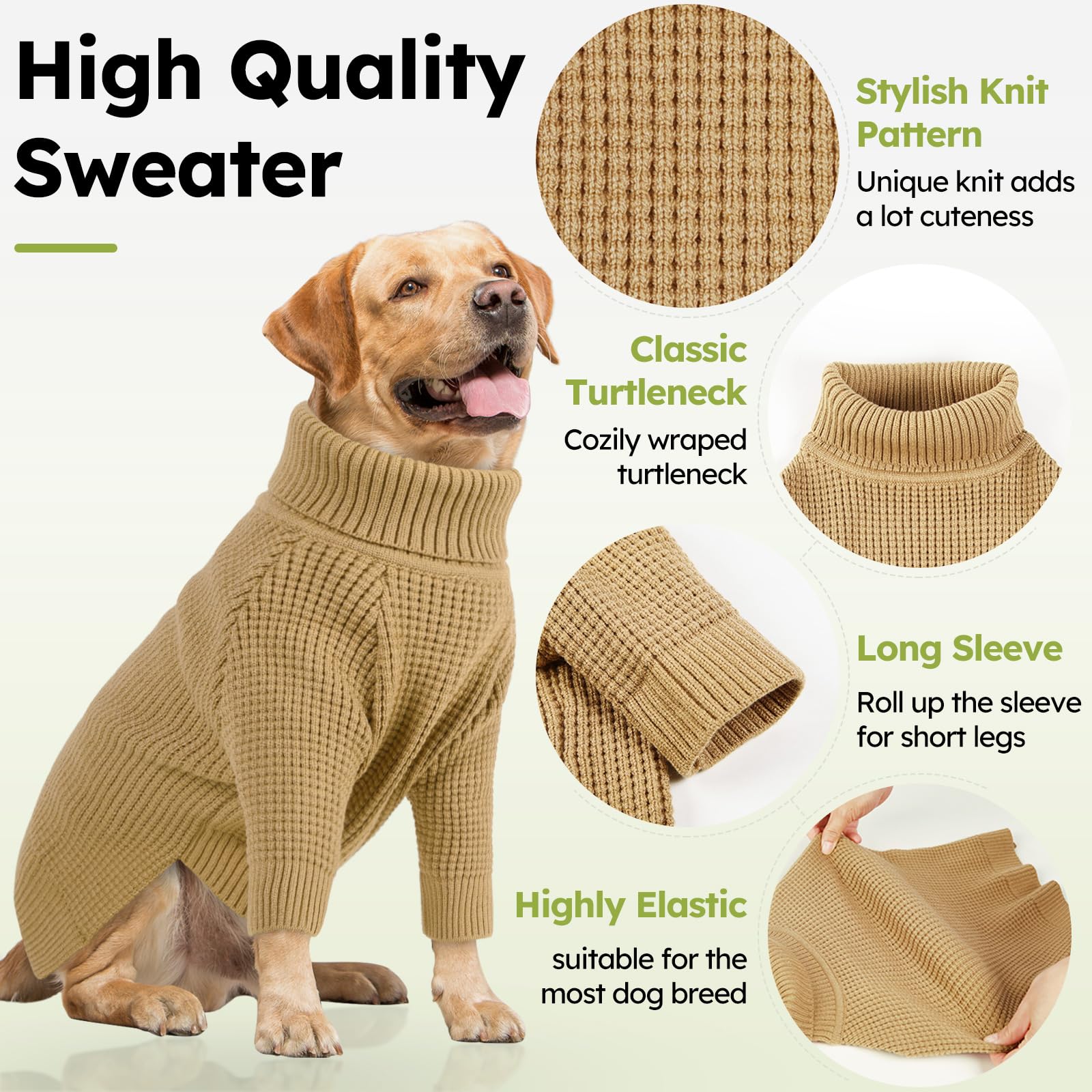 Queenmore Large Dog Sweater, Long Sleeve Knitted Dog Sweater With Check Pattern, Fall Winter Warm Pet Sweaters, Solid Pull-On Pe