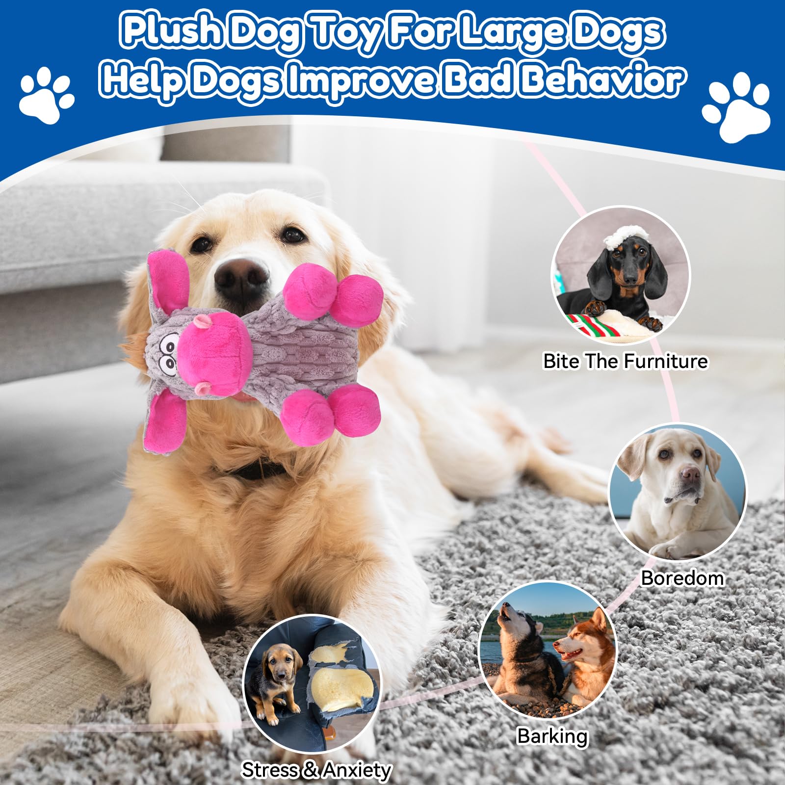 Loncoldy Plush Chew Toys For Large Dogs, Tough Crinkle Stuffed Animal Squeaky Interactive Toys For Small Medium Large Dogs, Keep