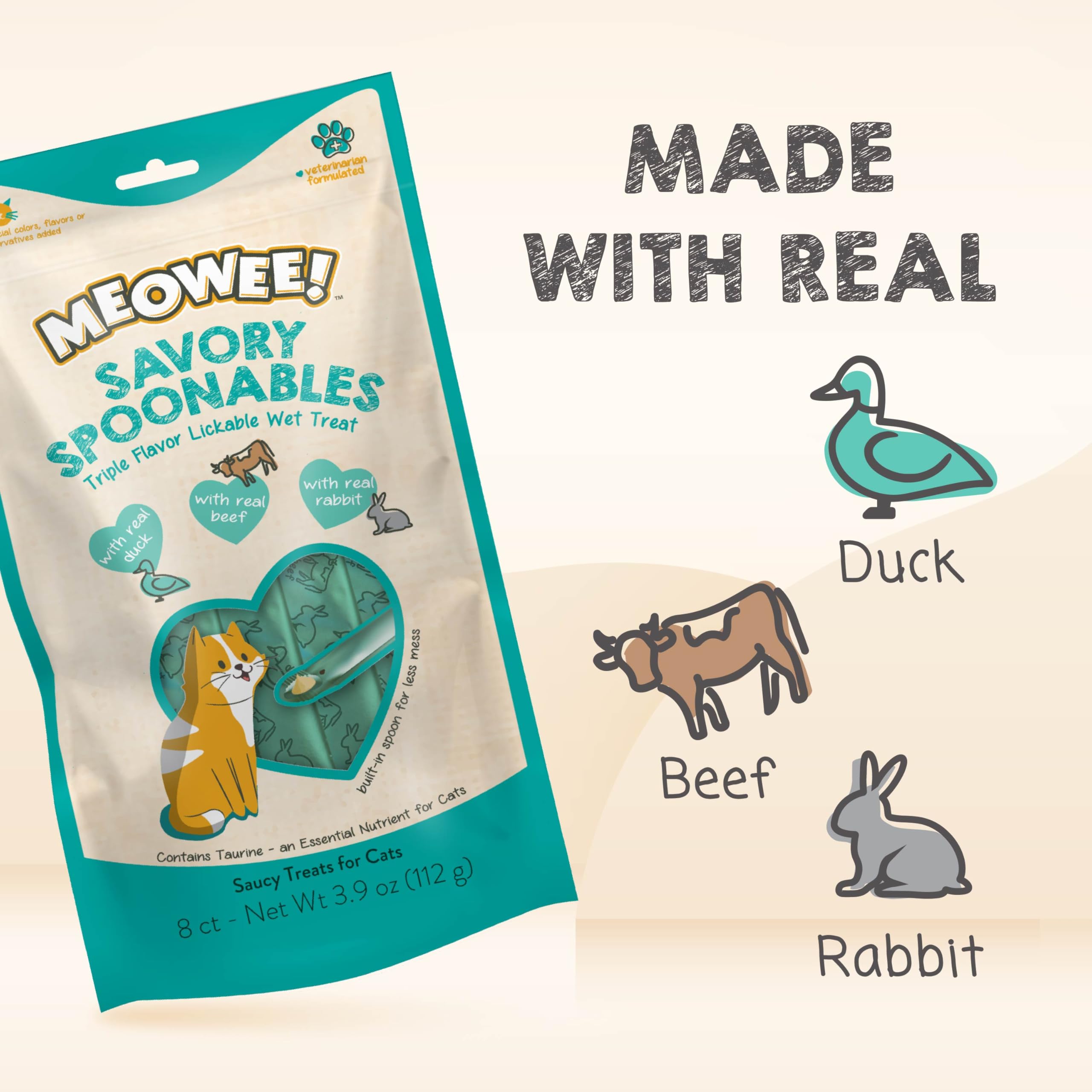 MEOWEE! Savory Spoonables with Real Duck, Beef and Rabbit for Cats, 8 Count, Treat Your Cat to Triple Flavor Squeezable Lickable