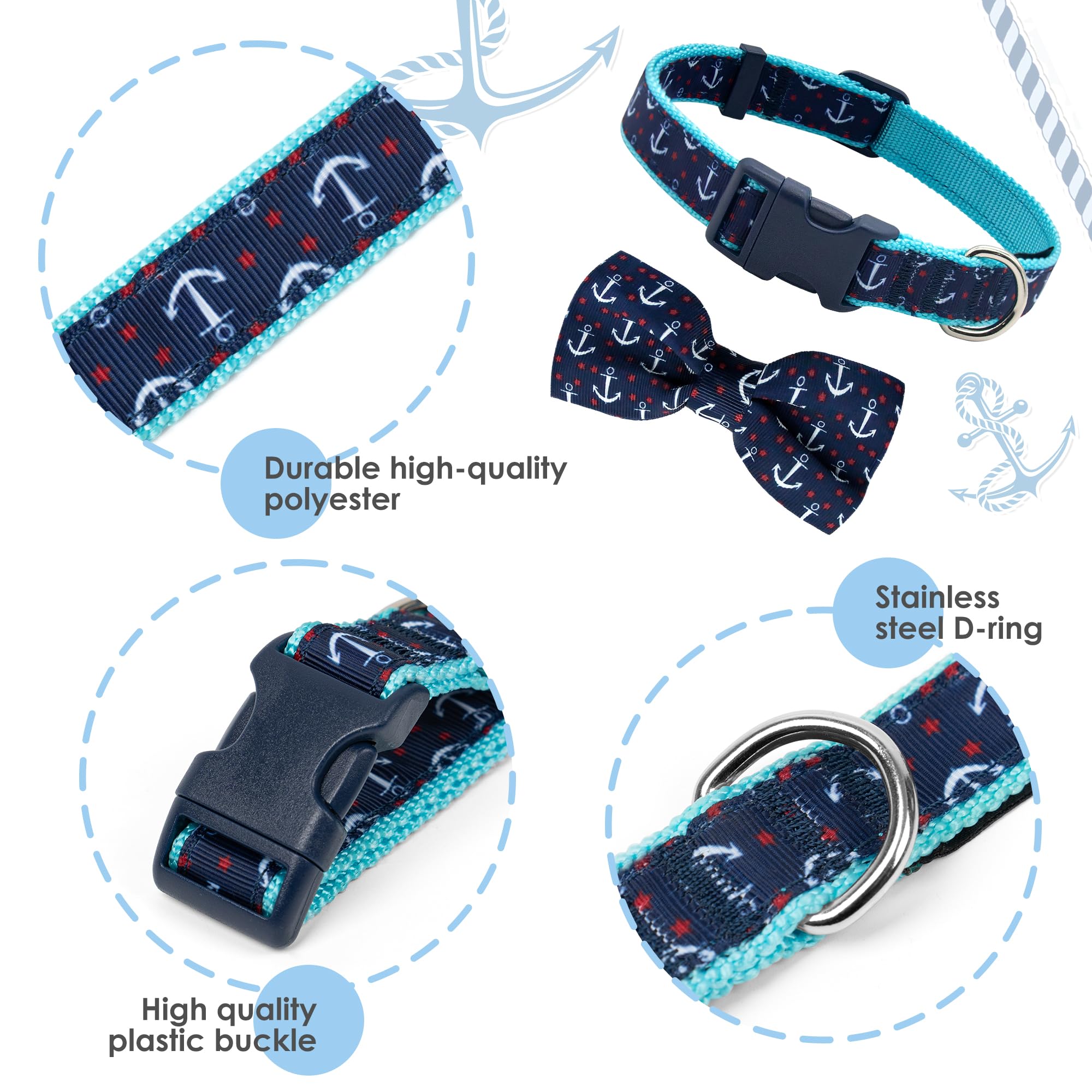 Azuza Anchor Dog Collar With Bow Tie, Soft And Comfortable Adjustable Bowtie For Medium Dogs