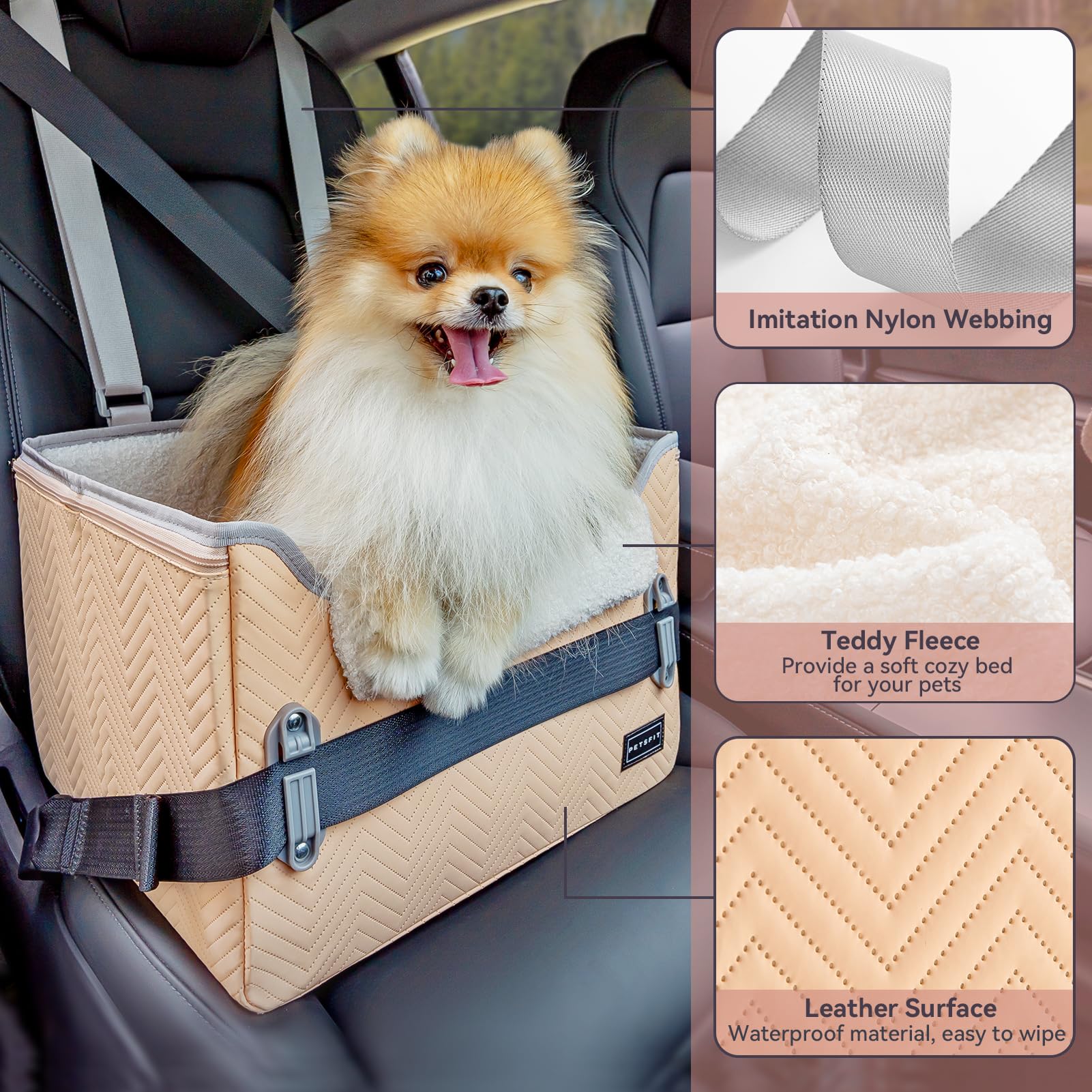 Petsfit Cat Car Seat, Waterproof Pu Leather Dog Booster Car Seat With Patent Safe Buckles, Clip-On Leash, Pet Travel Carrier Bed
