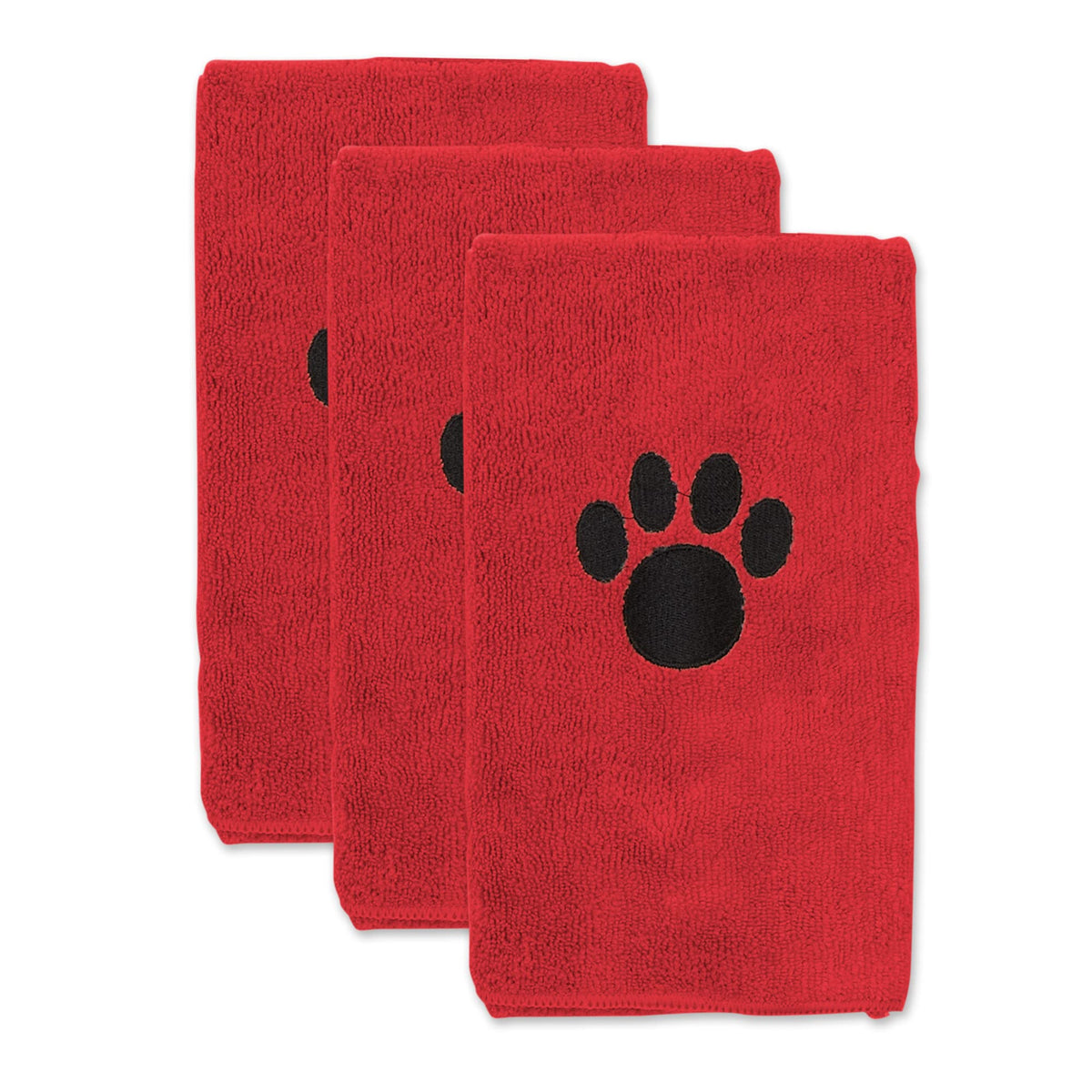 Bone Dry Pet Grooming Towel Collection Embroidered Absorbent Microfiber Drying Set, 15X30, Red, 3 Count
