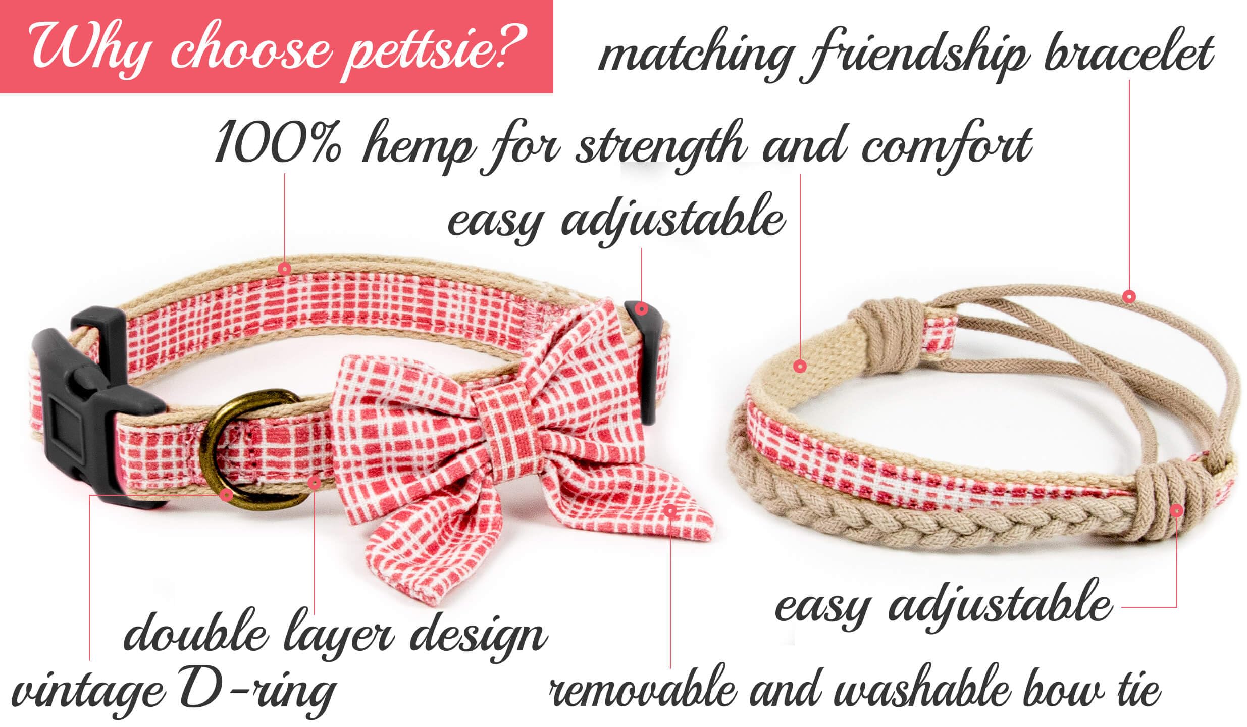 Pettsie Dog Collar, Bow Tie, Friendship Bracelet, 2 Easy Adjustable Sizes, Pet-Friendly Hemp, Comfortable And Soft For Sensitive Skin, Strong D-Ring For Accessories, Carton Box, S, Pink