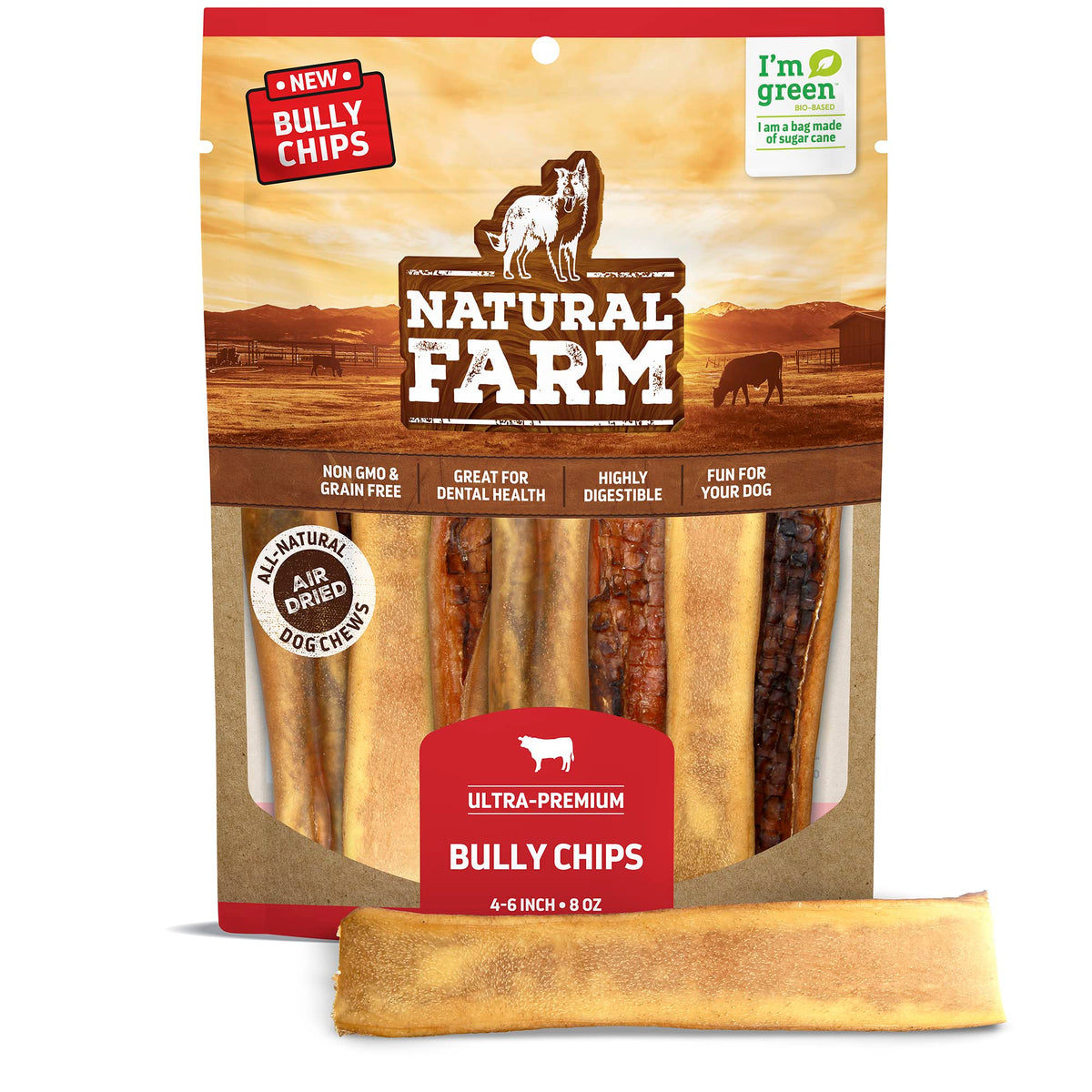 Natural Farm Bully Chips (4-6 Inch, 8 Oz.), Digestible Beef Cheek From Grass-Fed Cows, Non-Gmo, Grain-Free, Natural Long-Lasting Dog Chews For Small, Medium & Large Dogs, Great Rawhide Alternative