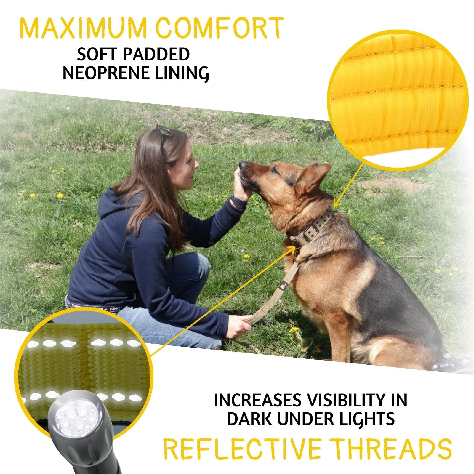 Adityna Heavy Duty Dog Collar For Medium Dogs - Reflective Yellow Collar With Handle For Training, And Walking - Wide, Thick, Ta