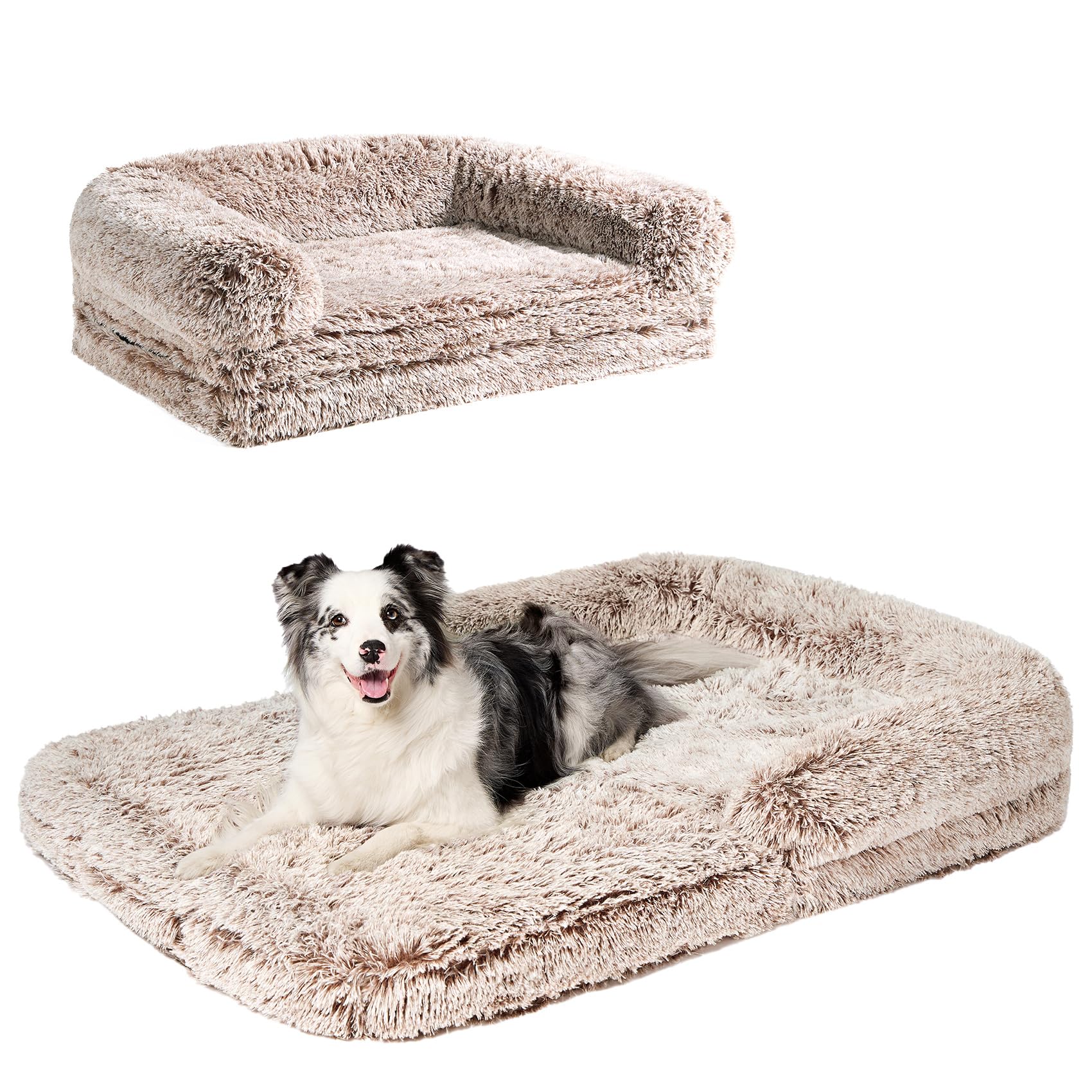 EHEYCIGA Foldable XXL Dog Bed for Large Sized Dog, 54x38x7.5 Faux Fur Fluffy Pet Couch Bed, Orthopedic Calming Memory Foam Big P