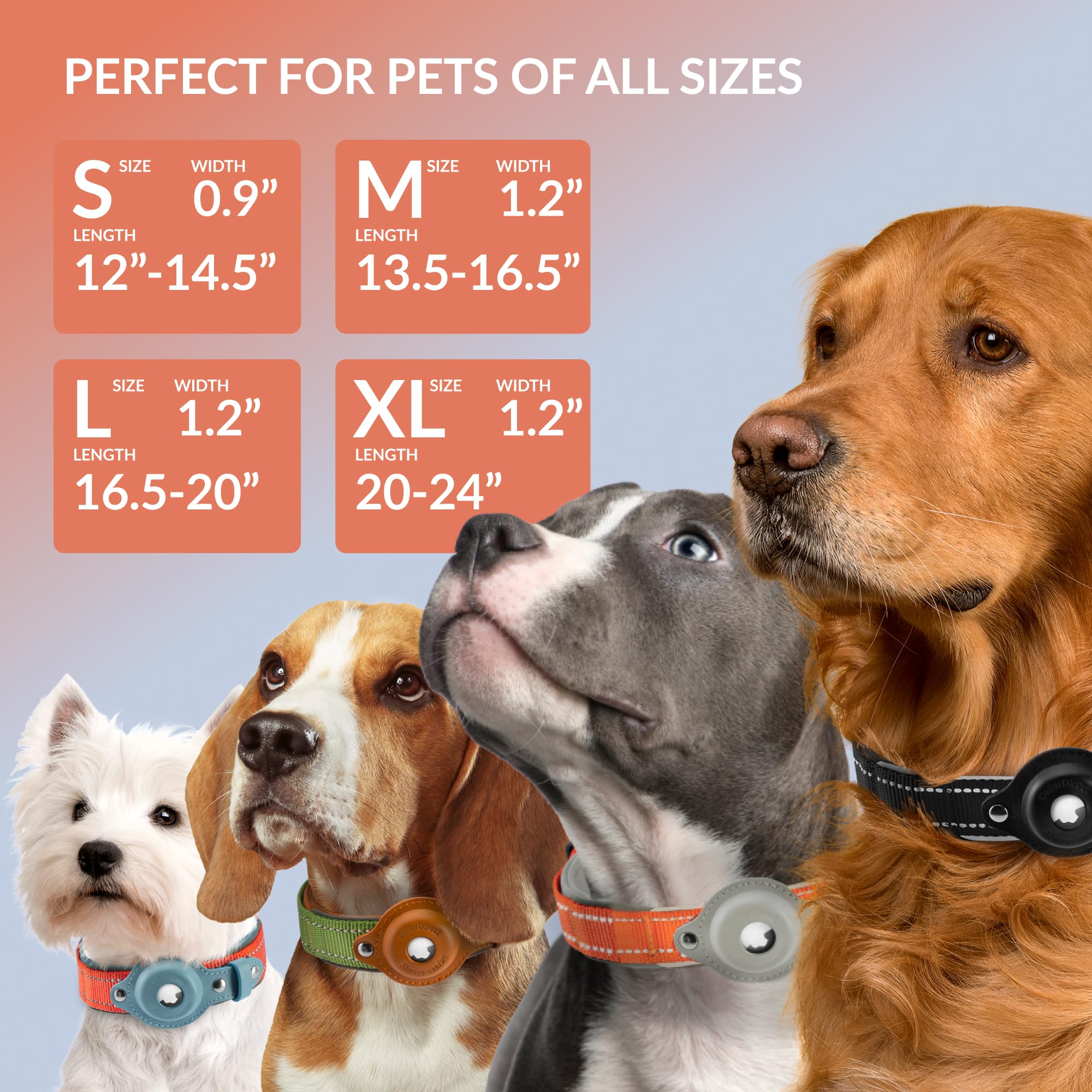 Collardirect Airtag Dog Collar Reflective Nylon Neoprene Leather Holder For Apple Air Tag For Large, Medium, And Small Dogs (Pin