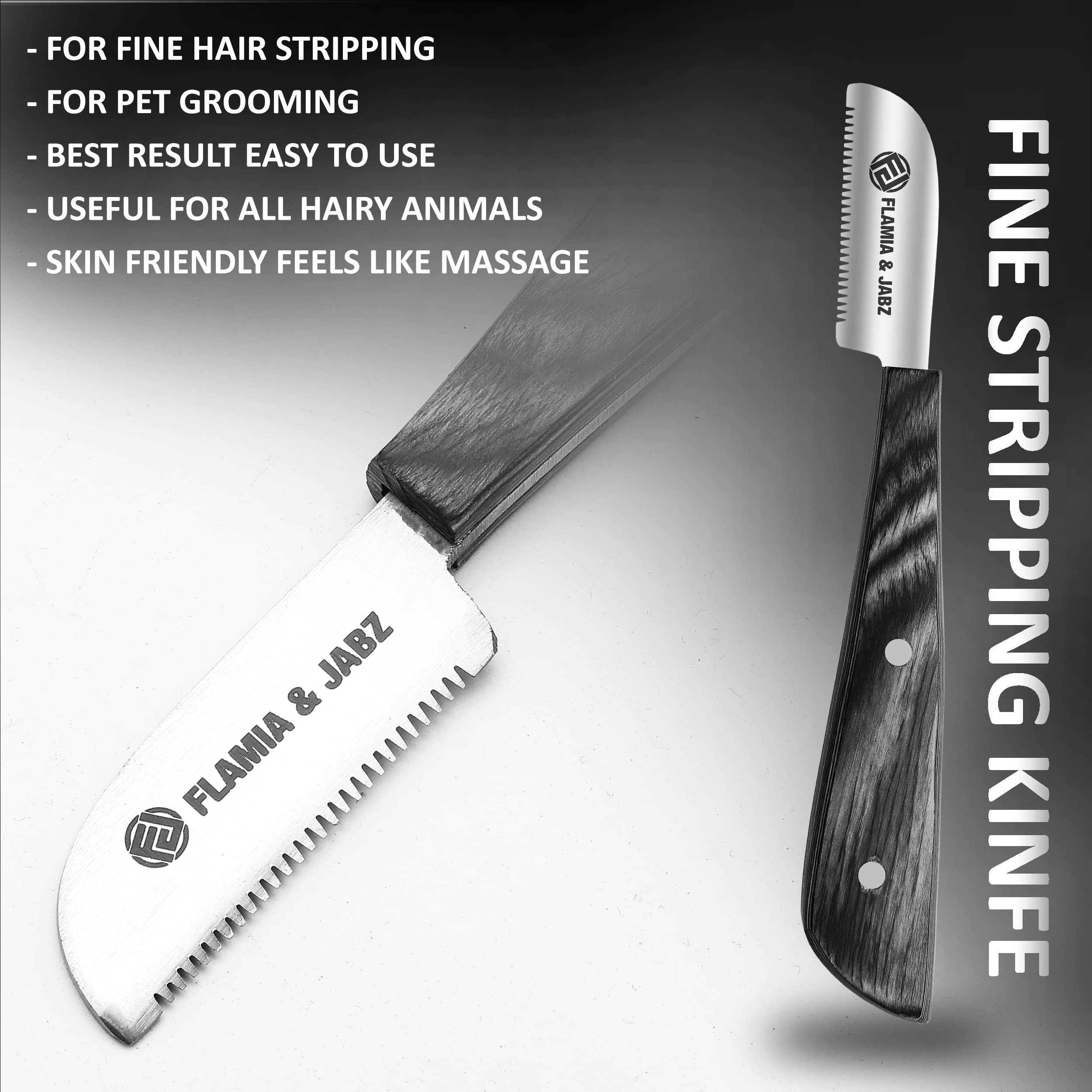 Flamia & Jabz Fj Professional Stripping Knife Kit (6 Pieces Set) For Dogs & Pets, Wooden Handle Grip With Stainless Steel Blade (Right Handed) (Black)