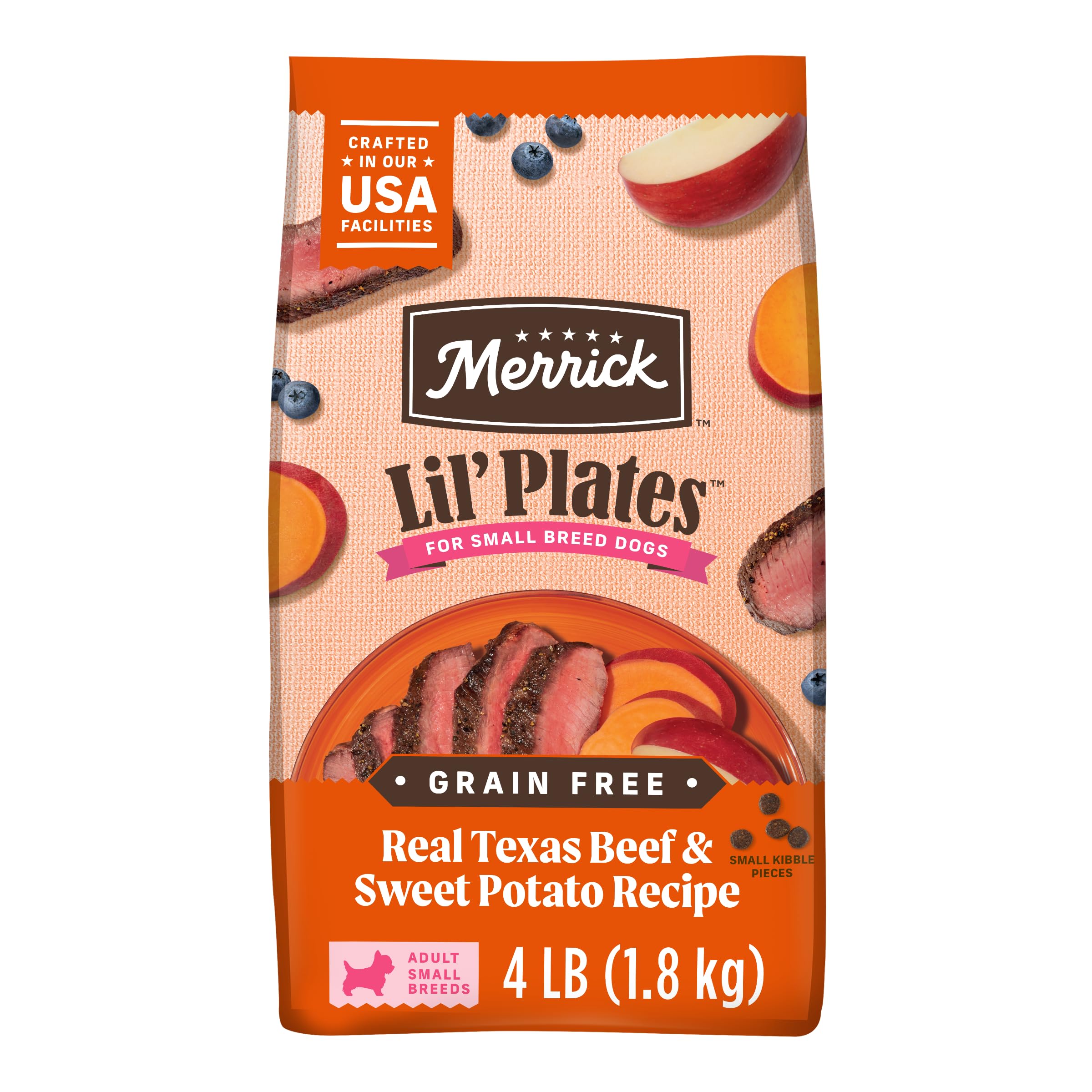 Merrick Lil Plates Premium Grain Free Dry Dog Food For Small Dogs, Real Texas Beef And Sweet Potato Kibble - 4.0 lb. Bag