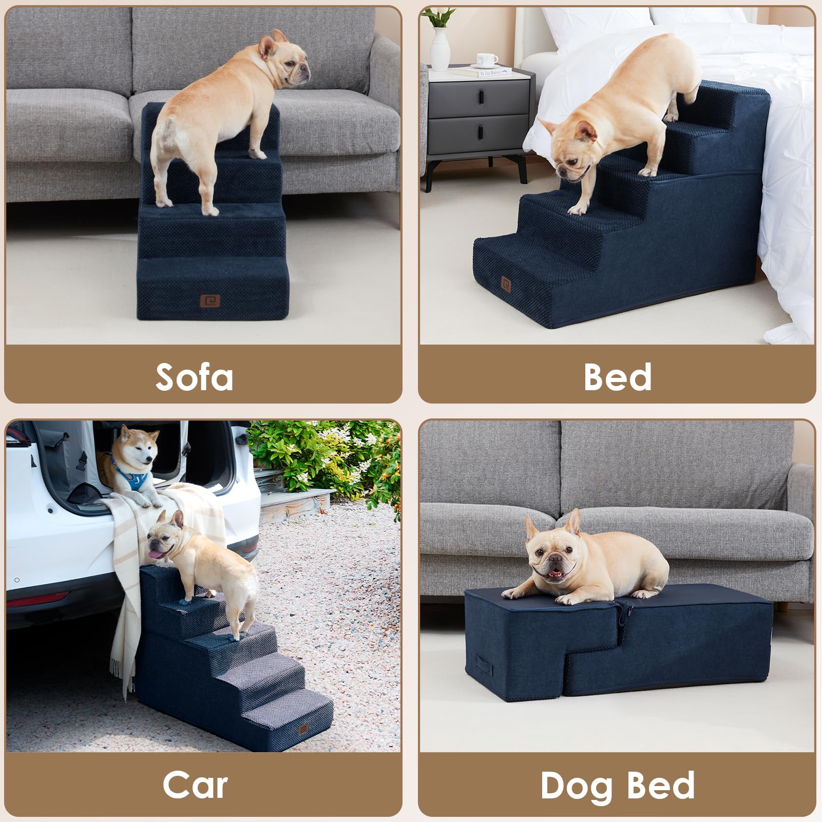 Eheyciga Dog Stairs For Small Dogs 13.5' H, 3-Step Dog Steps For Couch Sofa And Chair, Pet Steps For Small Dogs And Cats, Non-Slip Balanced Dog Indoor Ramp, Navy Blue