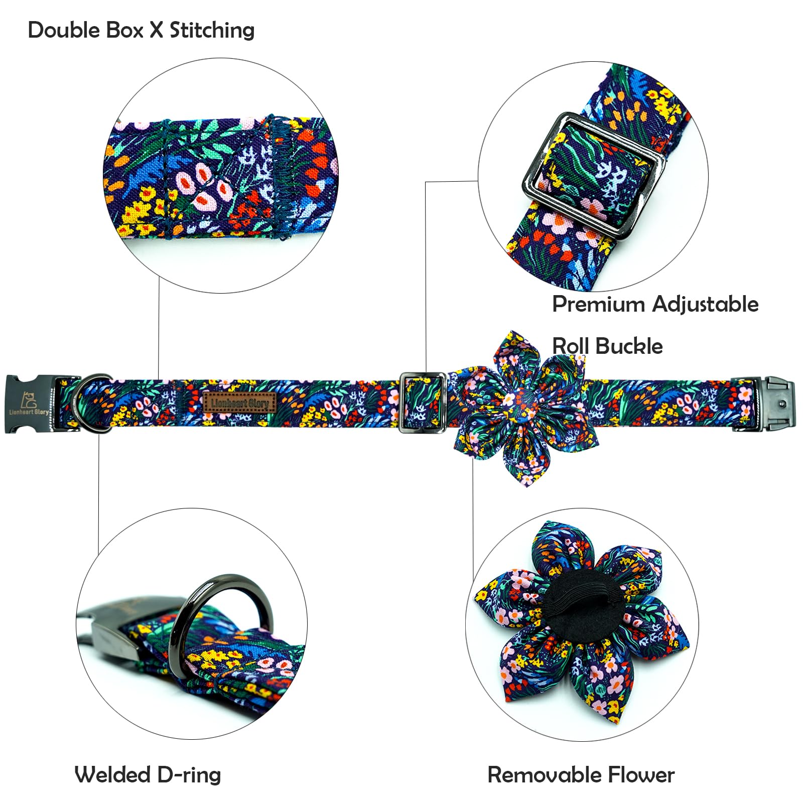 Lionheart glory Dog Collar Darkblue Flower Dog Bow Collars Floral Dog Collar with Flower Male or Female Spring Fall Pet Gift Dur