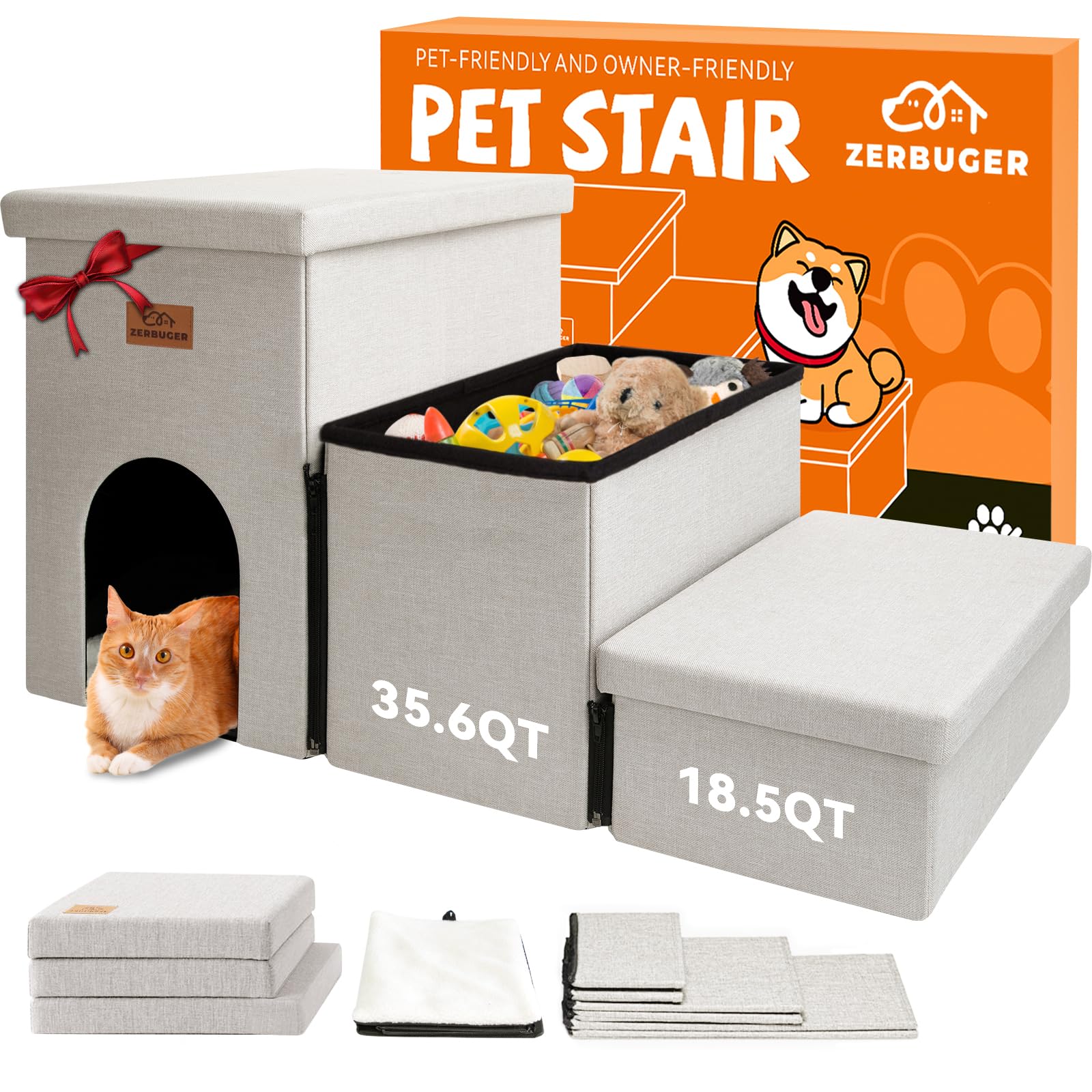 Zerbuger Dog Stairs with Condo 18 H, 3-Step Wider Dog Steps for High Beds Couch, Folding Storage Pet Stairs Gift for Small/Mediu