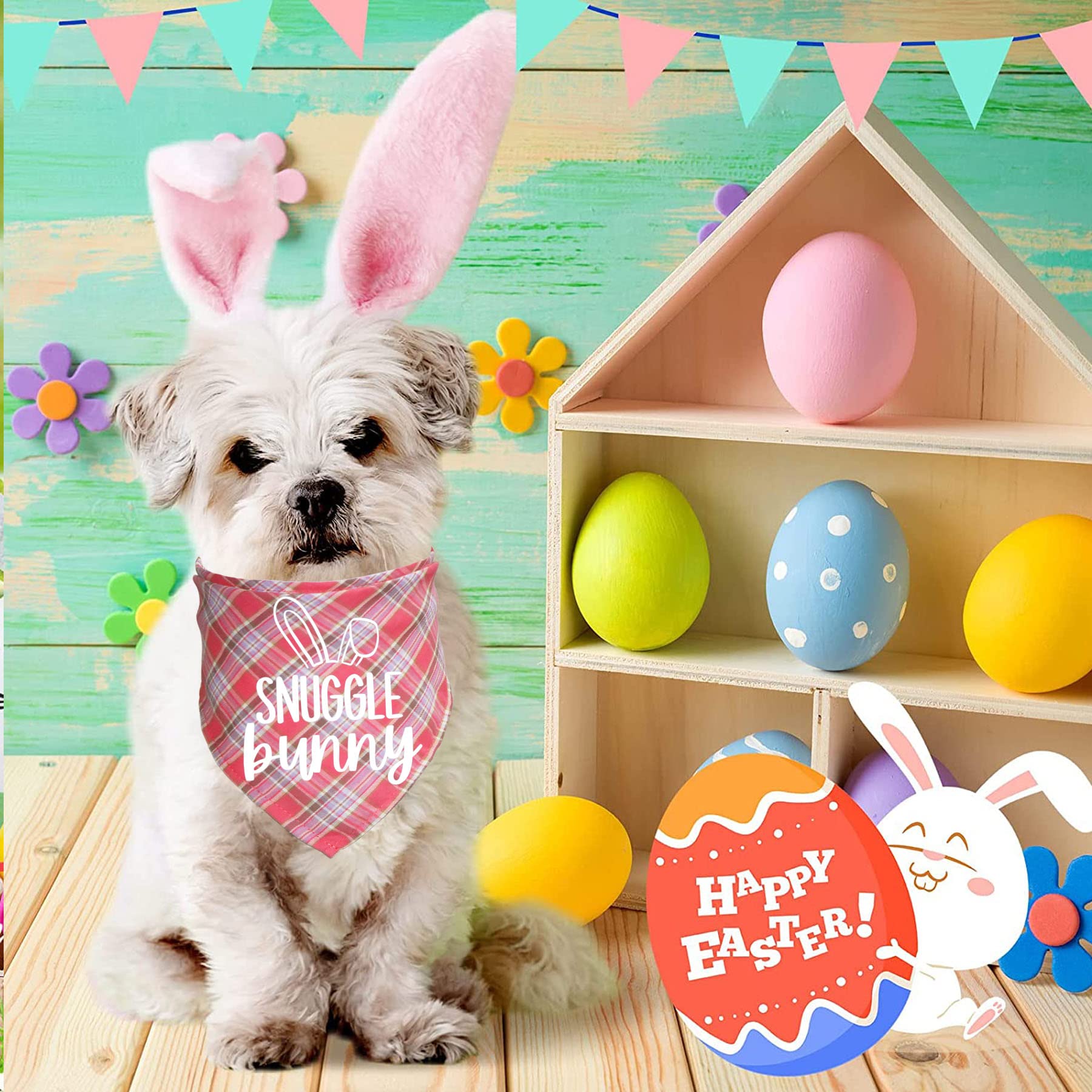 Jotfa Easter Dog Bandanas, Plaid Dog Puppy Easter Bandana Scarf For Small Medium Large Dogs Pets (Pink & Light Blue)