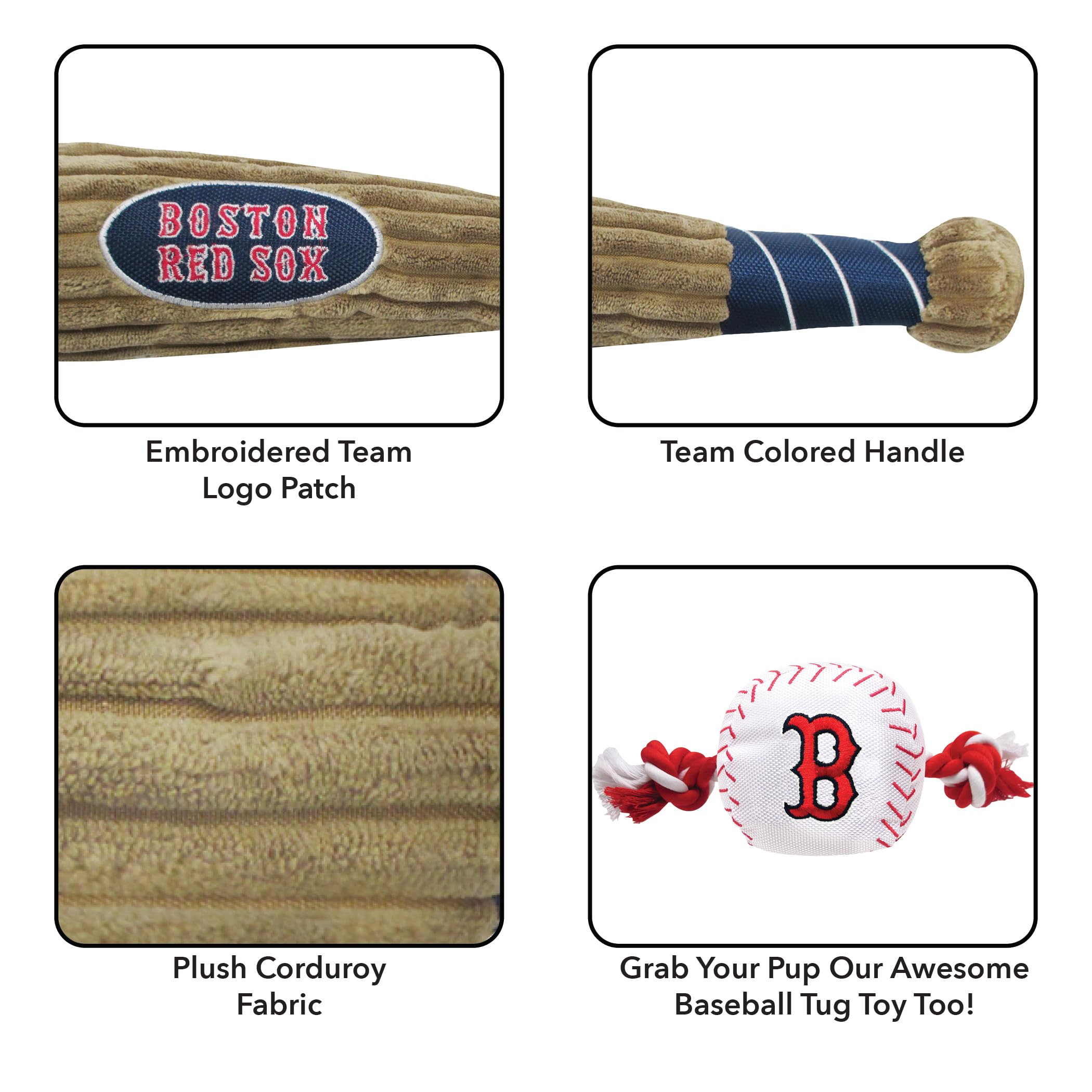 Mlb Boston Red Sox Baseball Bat Toy For Dogs & Cats. Soft Corduroy Plush Dog Toy With Inner Squeaker, Mlb Chew Toys For Dogs Or
