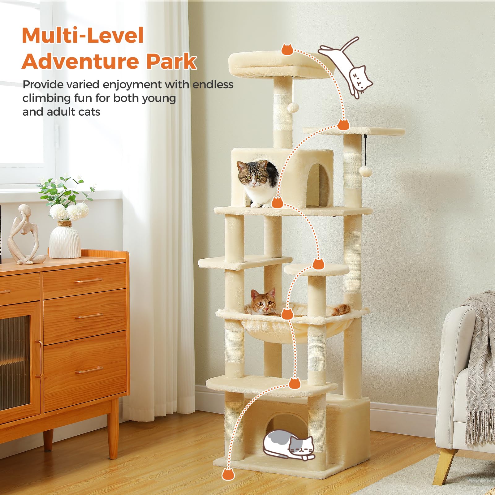 Uymi 64.5-Inch Cat Tree For Indoor Cats, Plush Multi-Level Cat Tower With 7 Scratching Posts, 2 Top Perches, 2 Cozy Condos, Larg