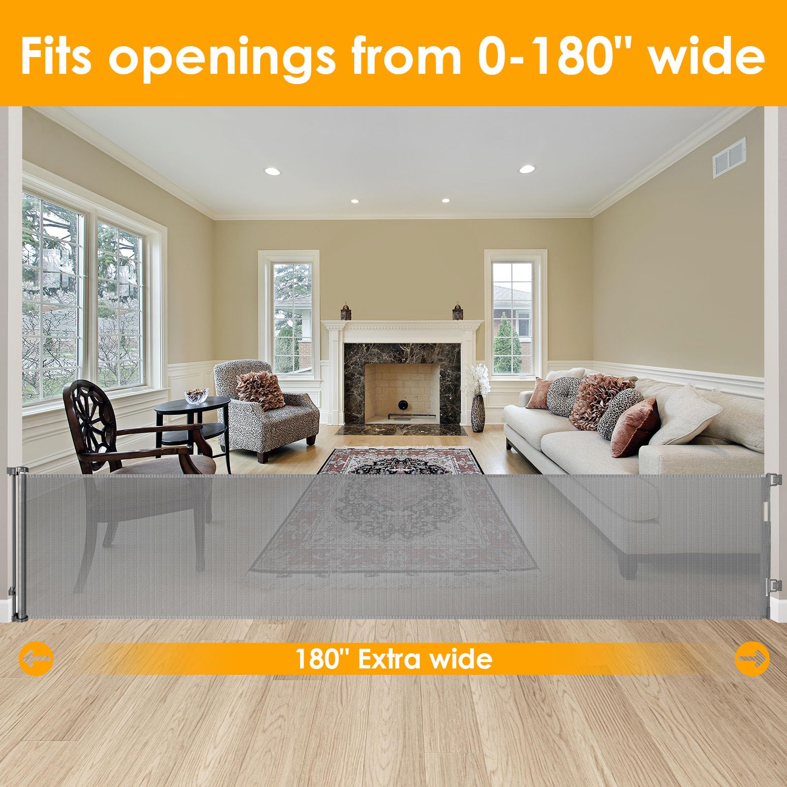 180 Inch Extra Wide Baby Gates for Large Openings Extra Long Retractable Dog Gate for Living Room, Kitchen, Dining Room, Bottom