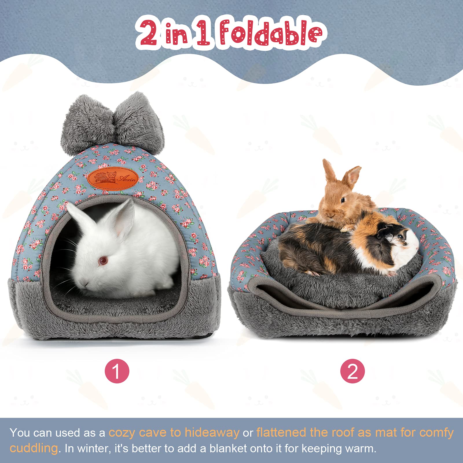 Yuepet Bunny Bed Warm Guinea Pig Cave Beds Cute Bowknot House Big Hideouts Cage Accessorie For Dwarf Rabbits Hamster Bunny Ferrets Rats Hedgehogs Chinchilla（Blue）