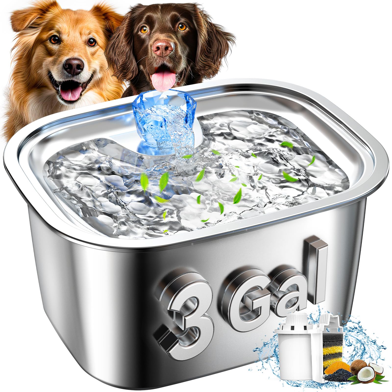 Stainless Steel Dog Water Fountain,3 Gallon Large Pet Water Fountains for Dogs and Cats, 11L /386oz Dog Water Bowl Dispenser w/F