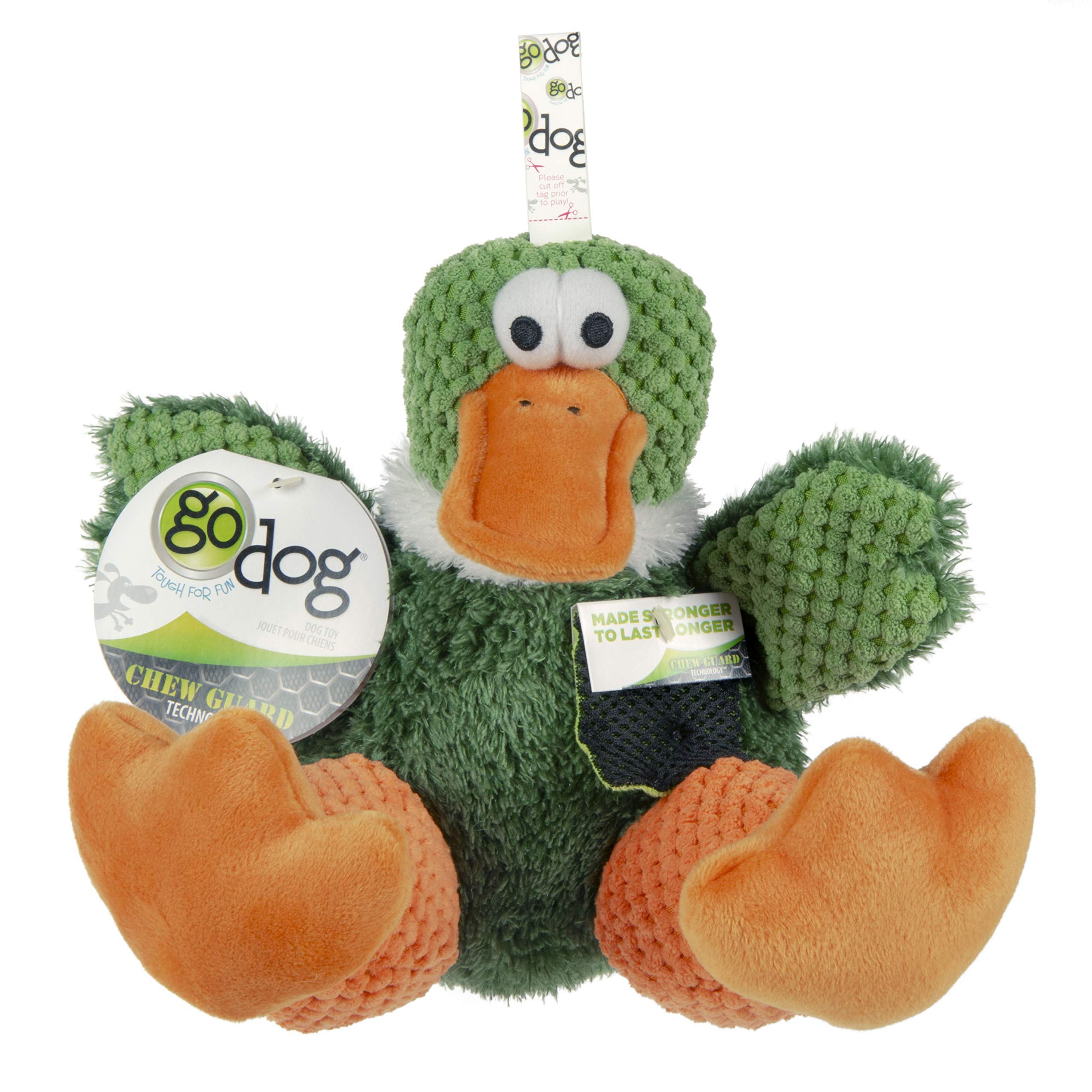 Godog Checkers Sitting Duck Squeaky Plush Dog Toy, Chew Guard Technology - Green, Large