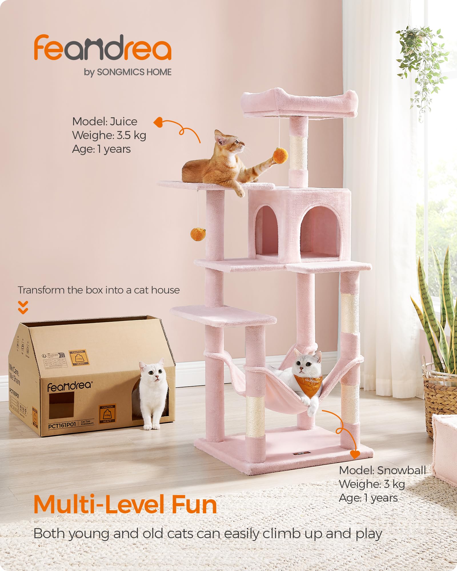 Feandrea Cat Tree, 56.3-Inch Cat Tower For Indoor Cats, Multi-Level Cat Condo With 4 Scratching Posts, 2 Perches, Hammock, Cave, Jelly Pink Upct161P01