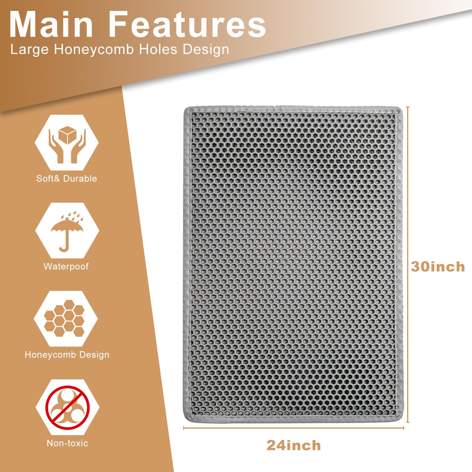 Garoopion Cat Litter Box Mat, Large 30' X 24' Eva Litter Trapping Mat, Double Layer Honeycomb Holes Scatter Control, Gray